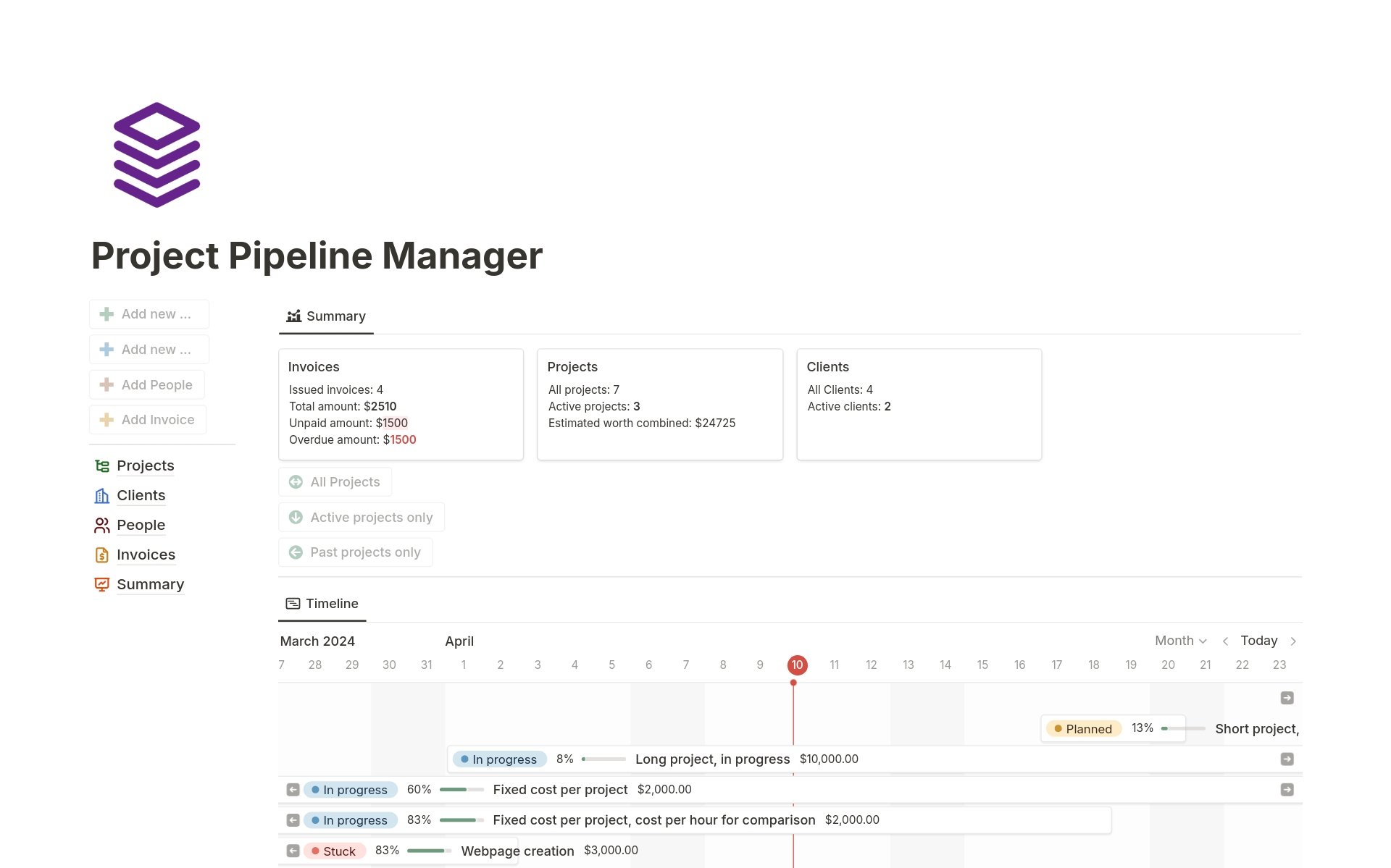 Project Pipeline Manager is A Notion template designed to help freelancers, agencies, and other service providers manage multiple projects efficiently. It offers a clear overview of projects and a simple financial tracking.