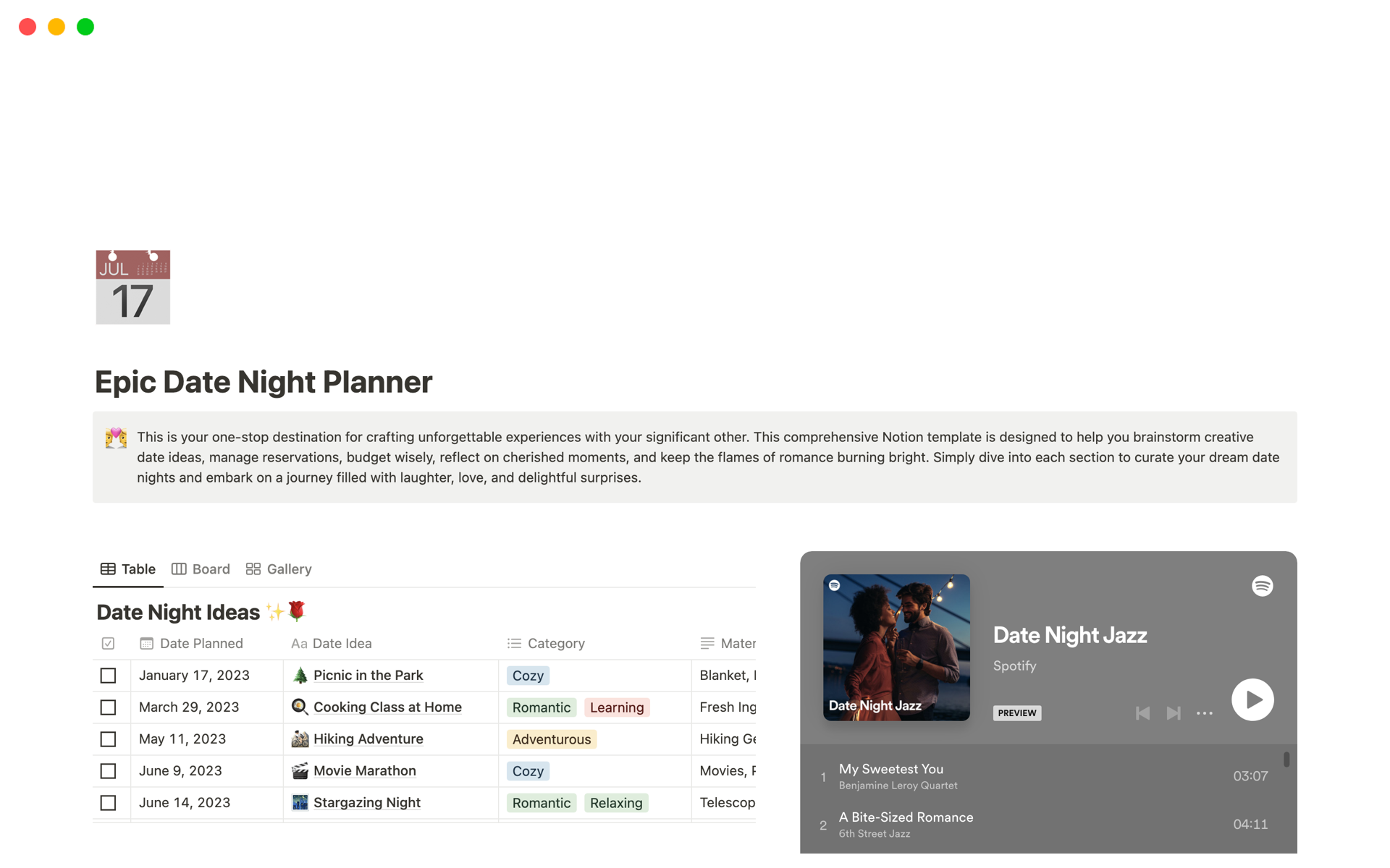 Vista previa de una plantilla para Epic Date Night Planner