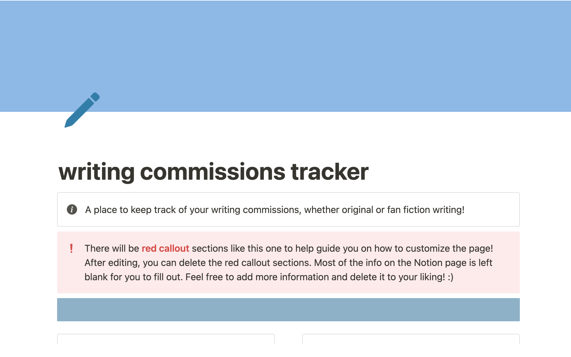 A template preview for Writing commissions tracker