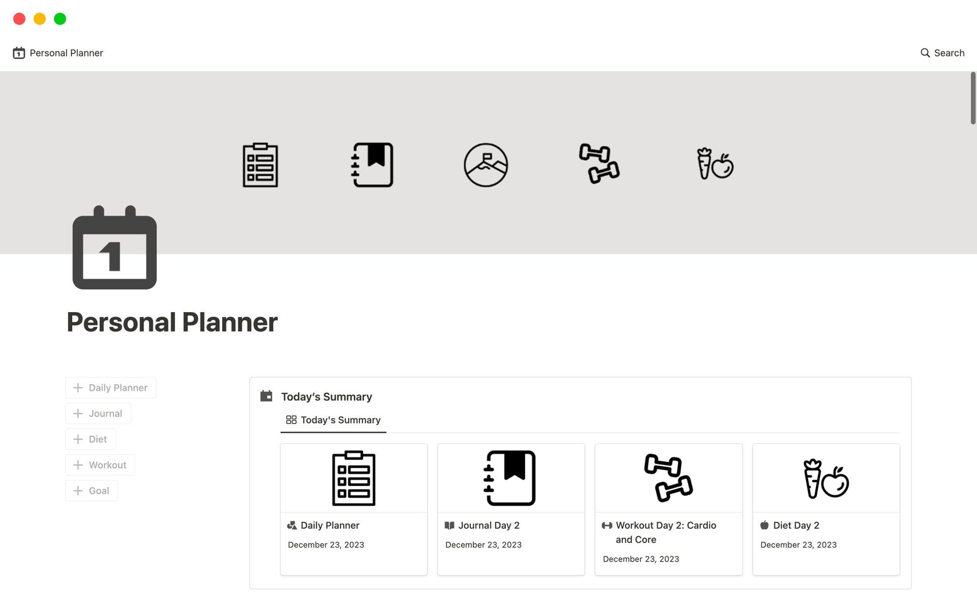 Aperçu du modèle de Personal Planner