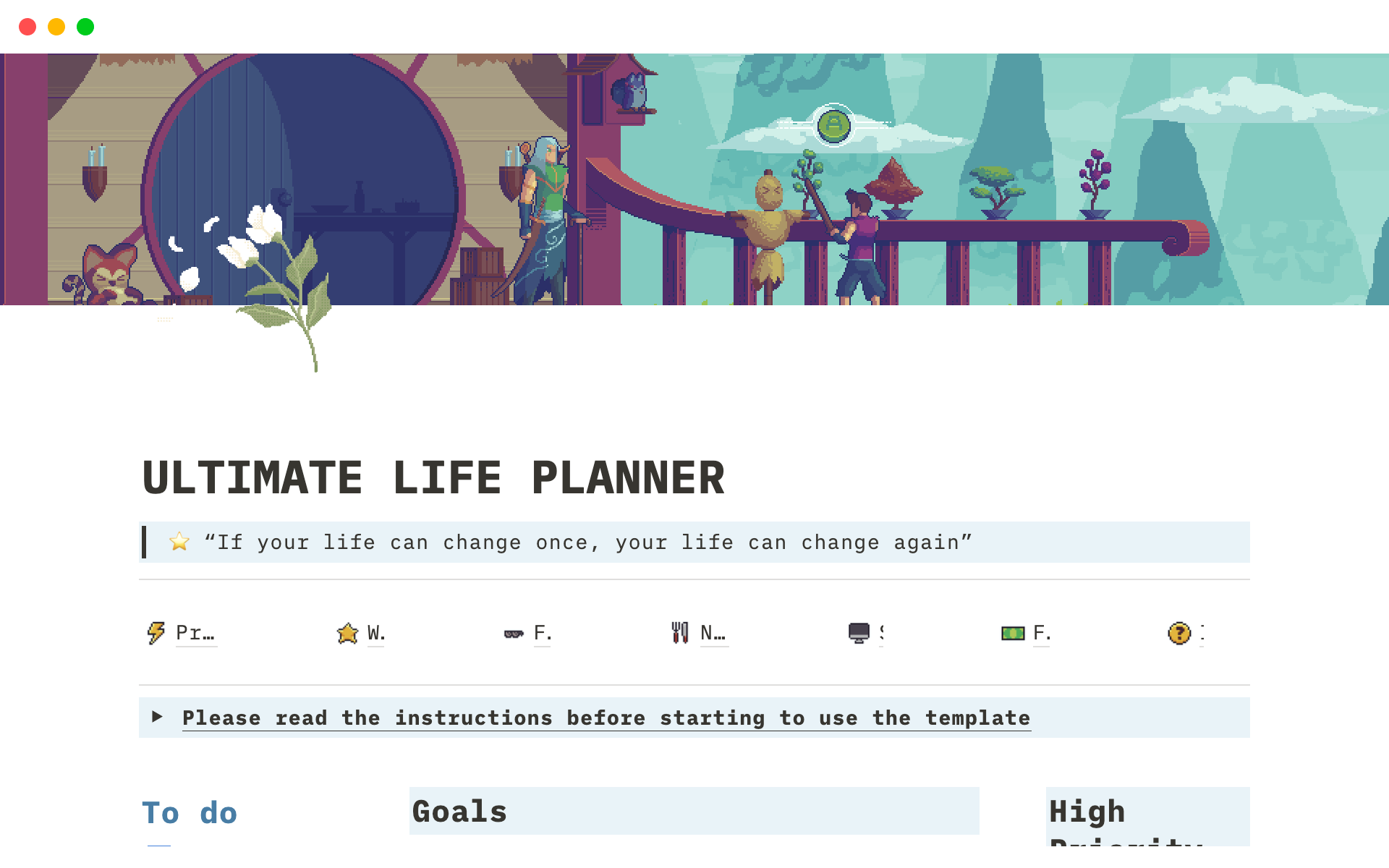 En förhandsgranskning av mallen för Pixel Art Life Planner Notion Template