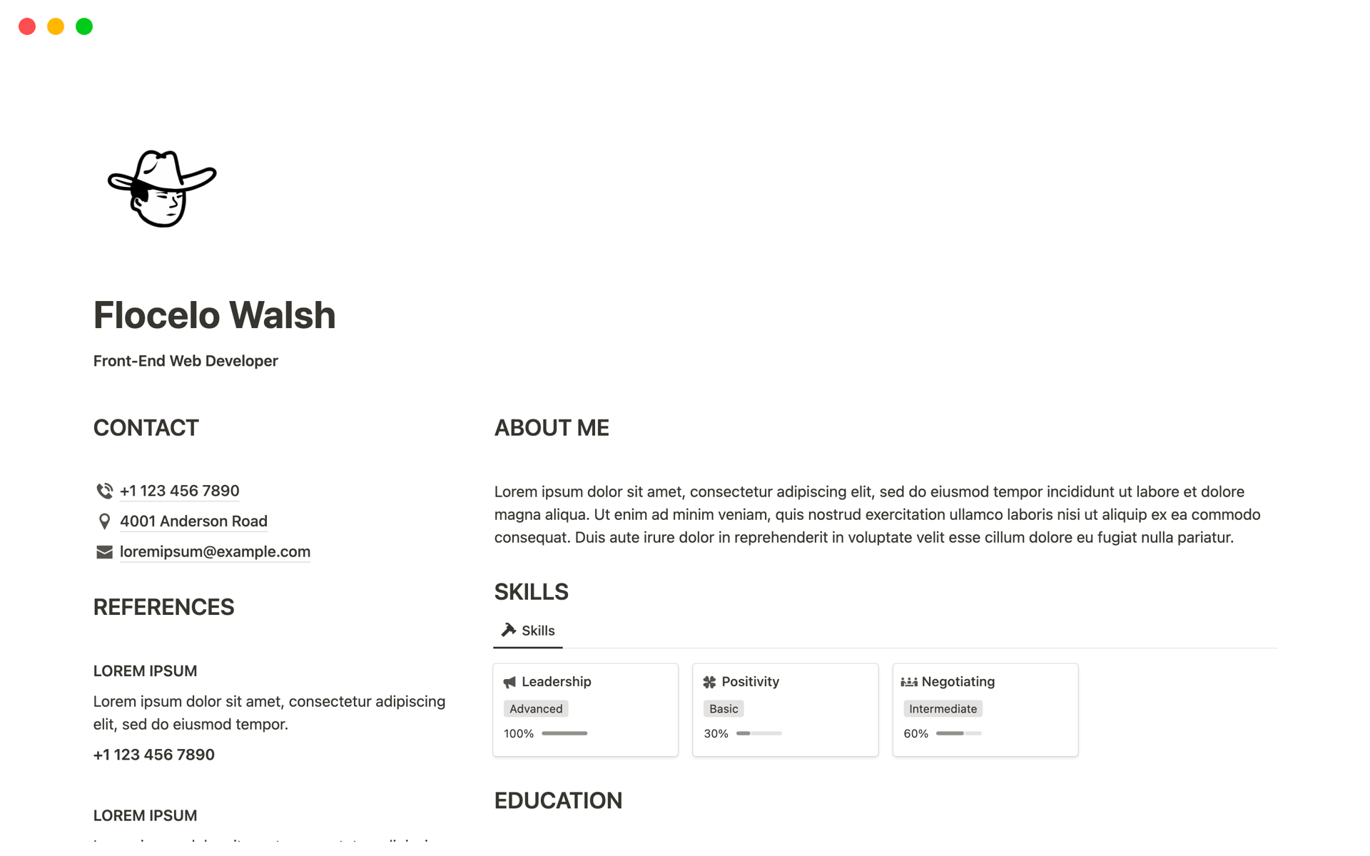 This template allows you to build a one-page Resume/CV on Notion.