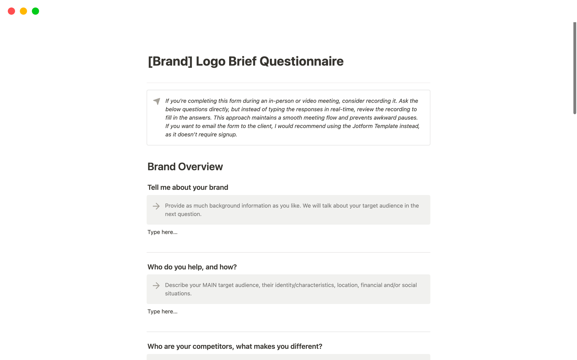 A template preview for Logo Brief Questionnaire Kit