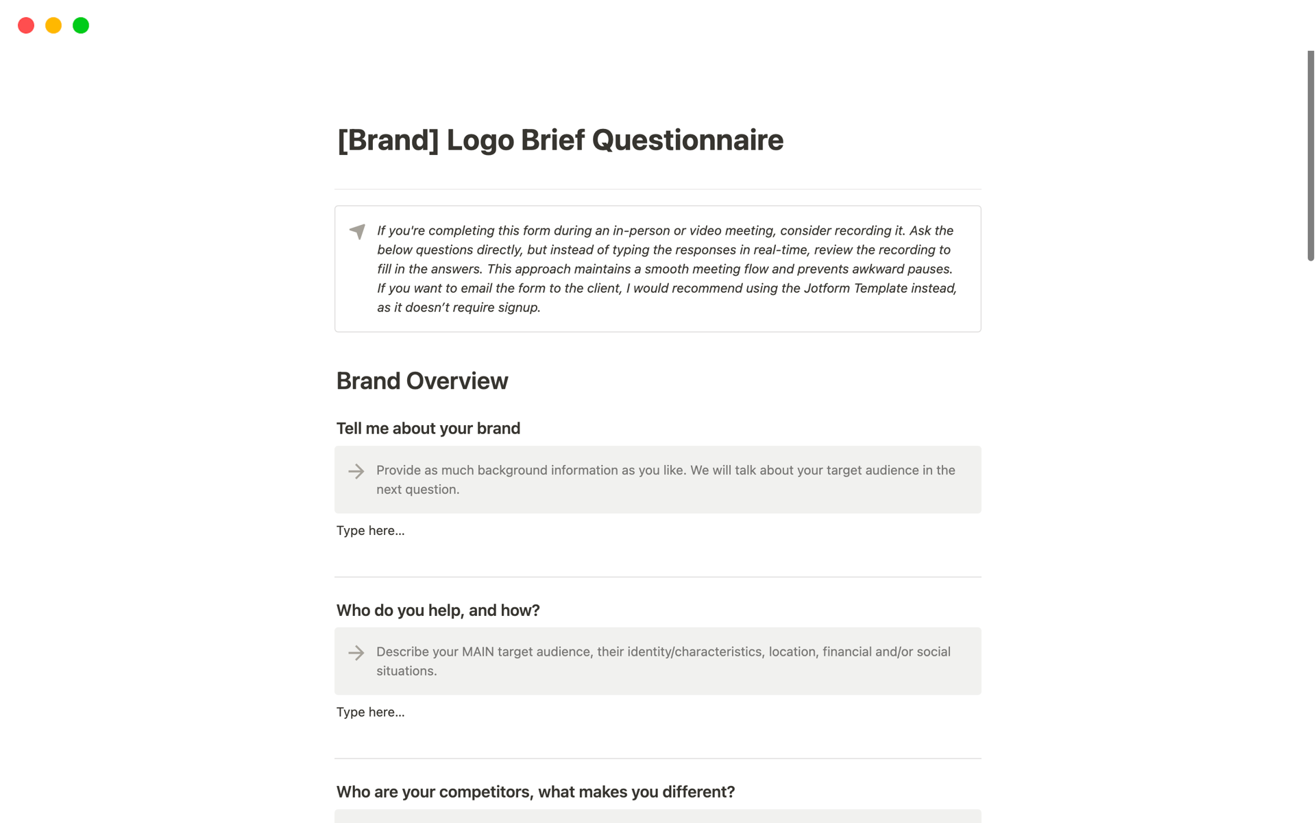 Logo Brief Questionnaire Kit Notion Template