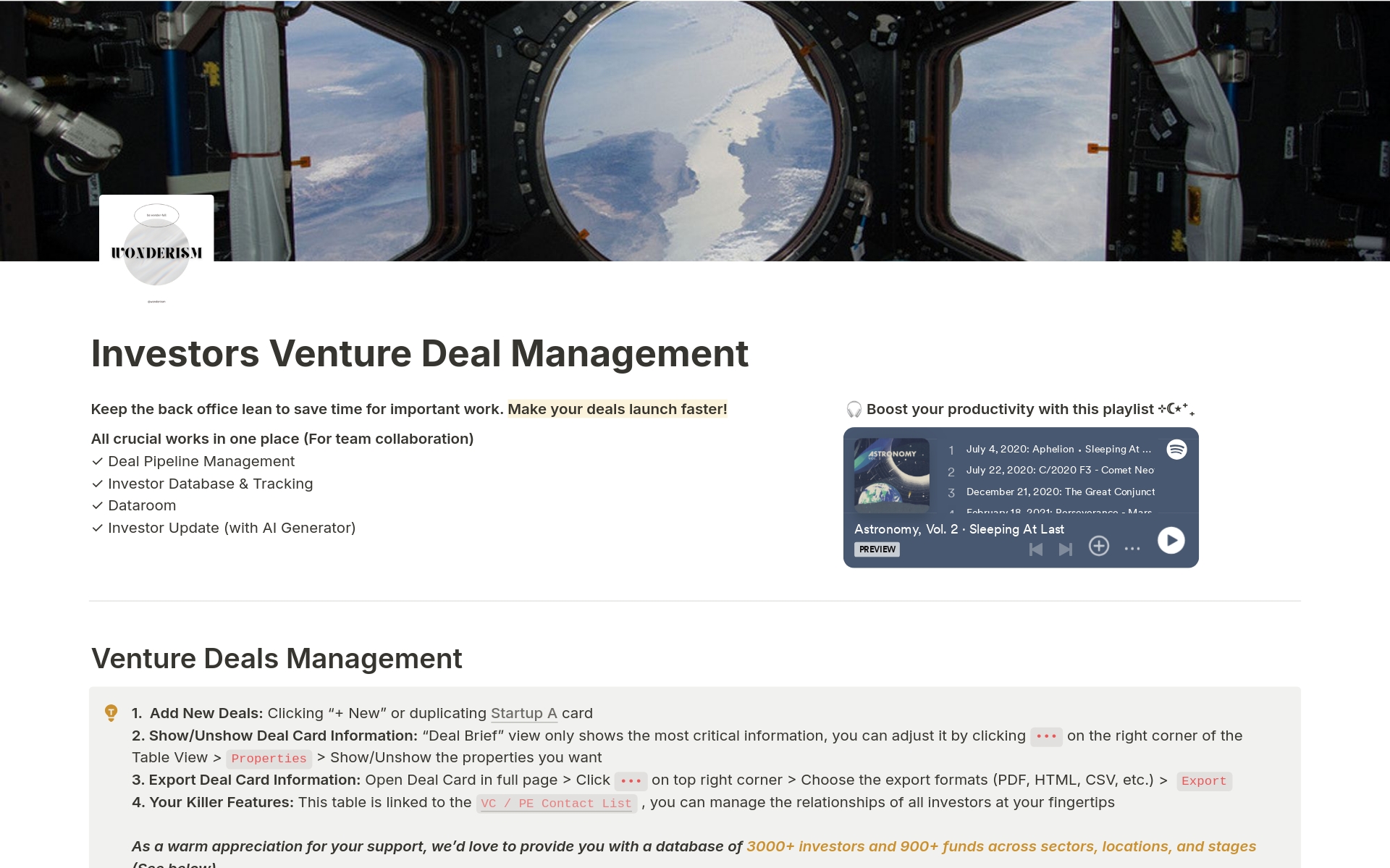 A template preview for Investors Deal Management (Team & Personal)