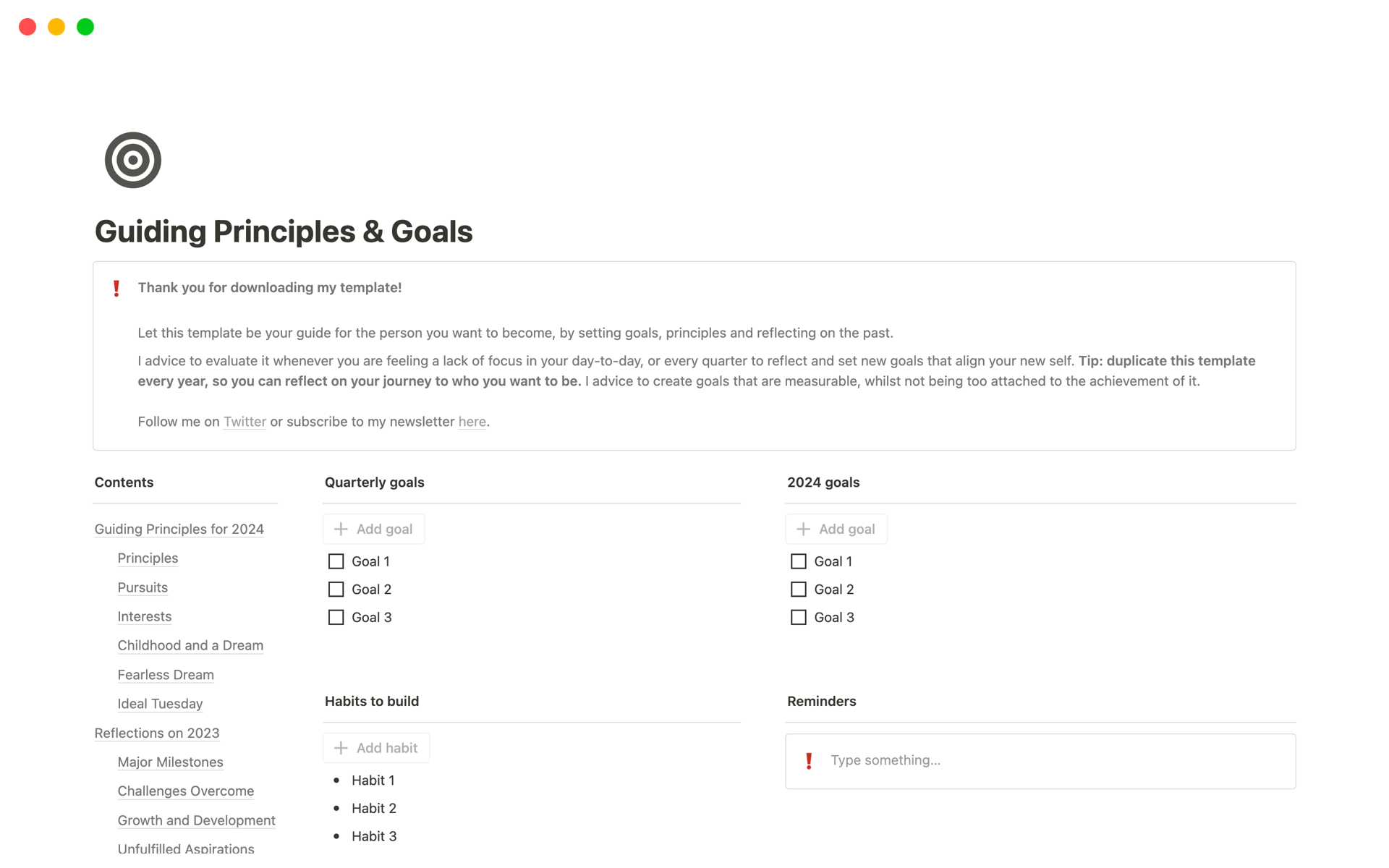 A template preview for Guiding Principles and Goals