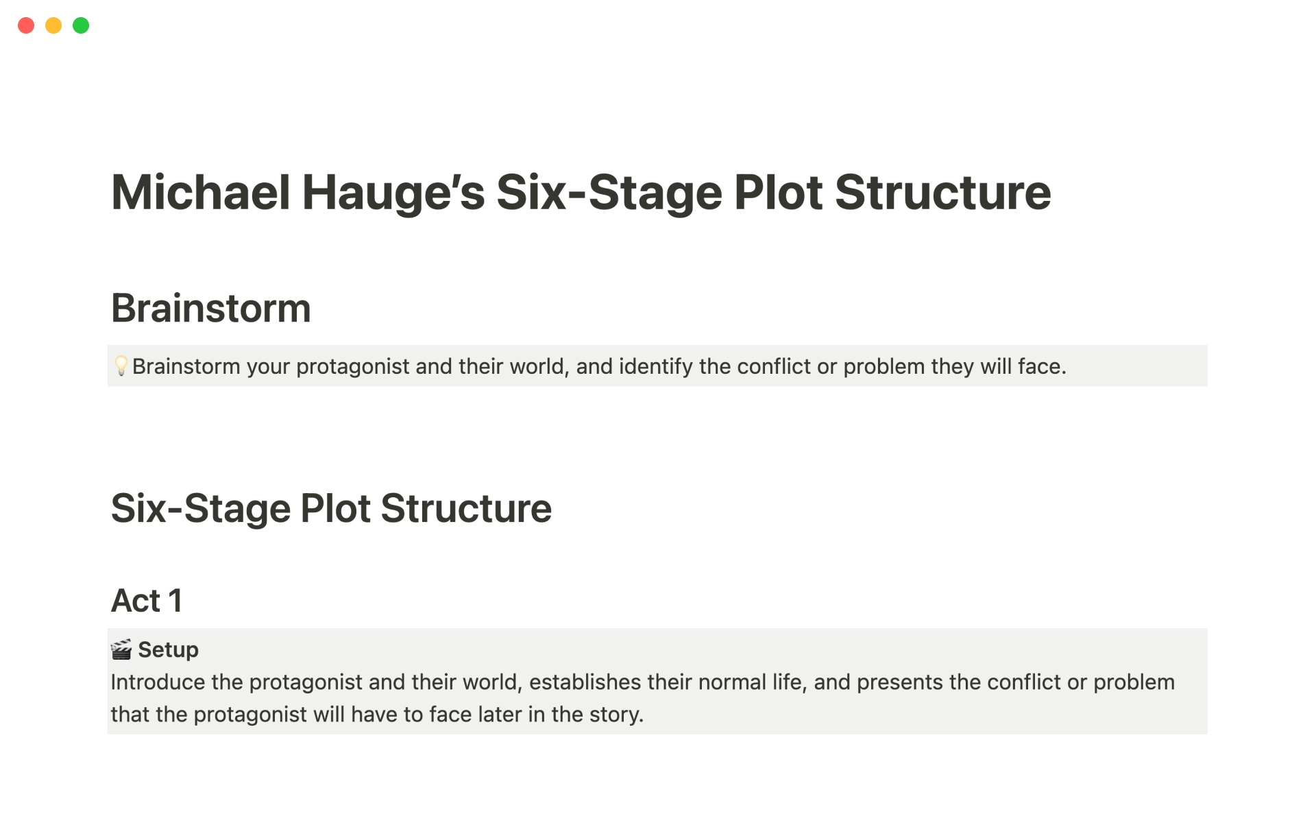 A template preview for Michael Hauge’s Six-Stage Plot Structure