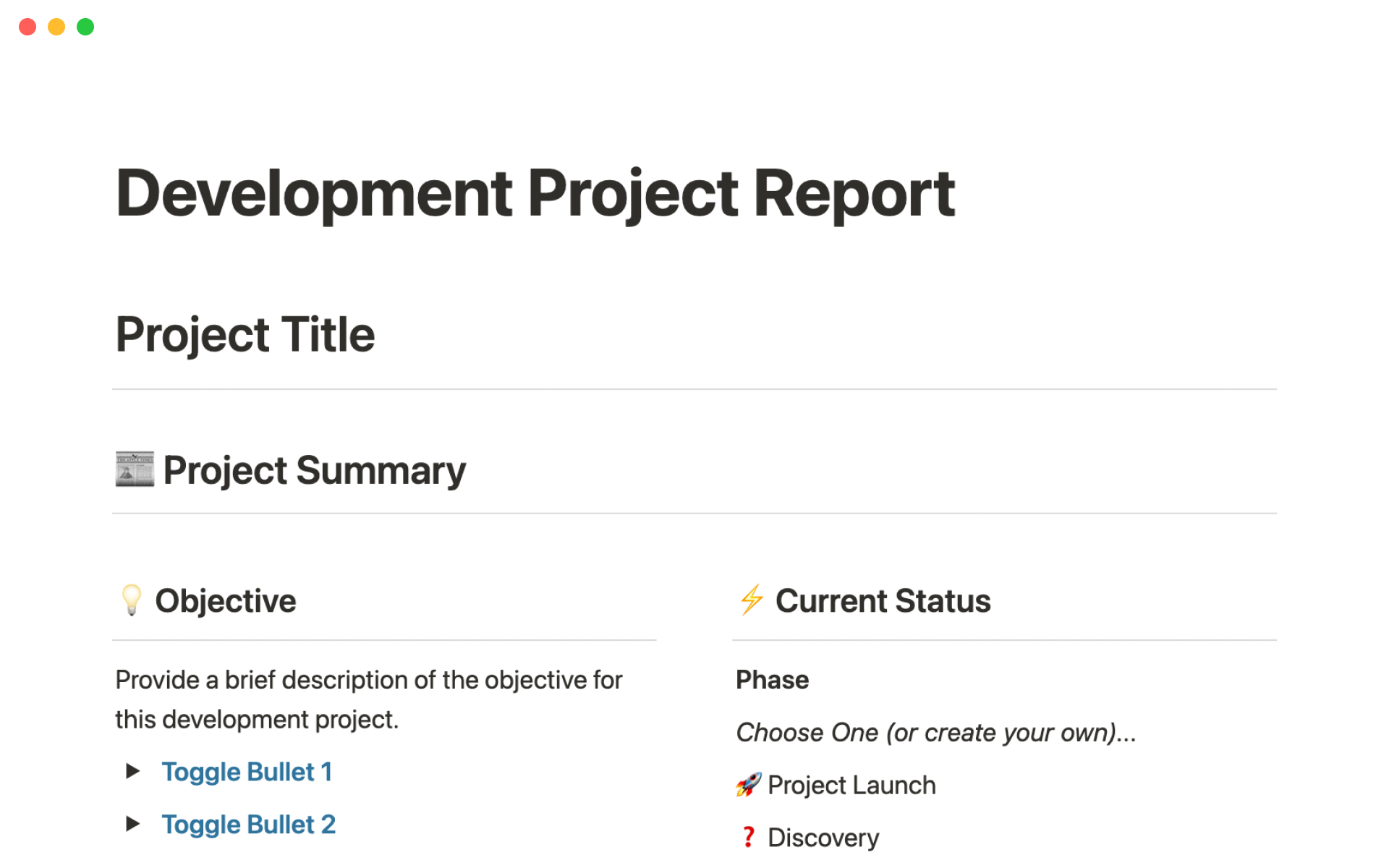 A template preview for Development project report