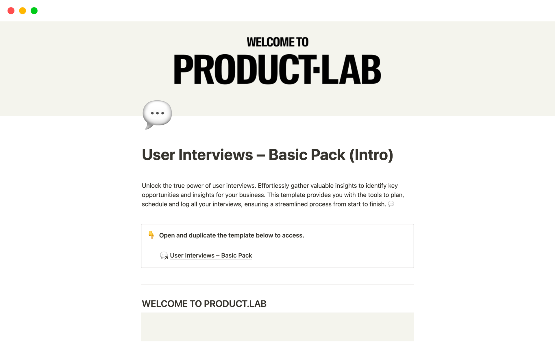 Aperçu du modèle de User Interviews – Basic Pack (Intro)