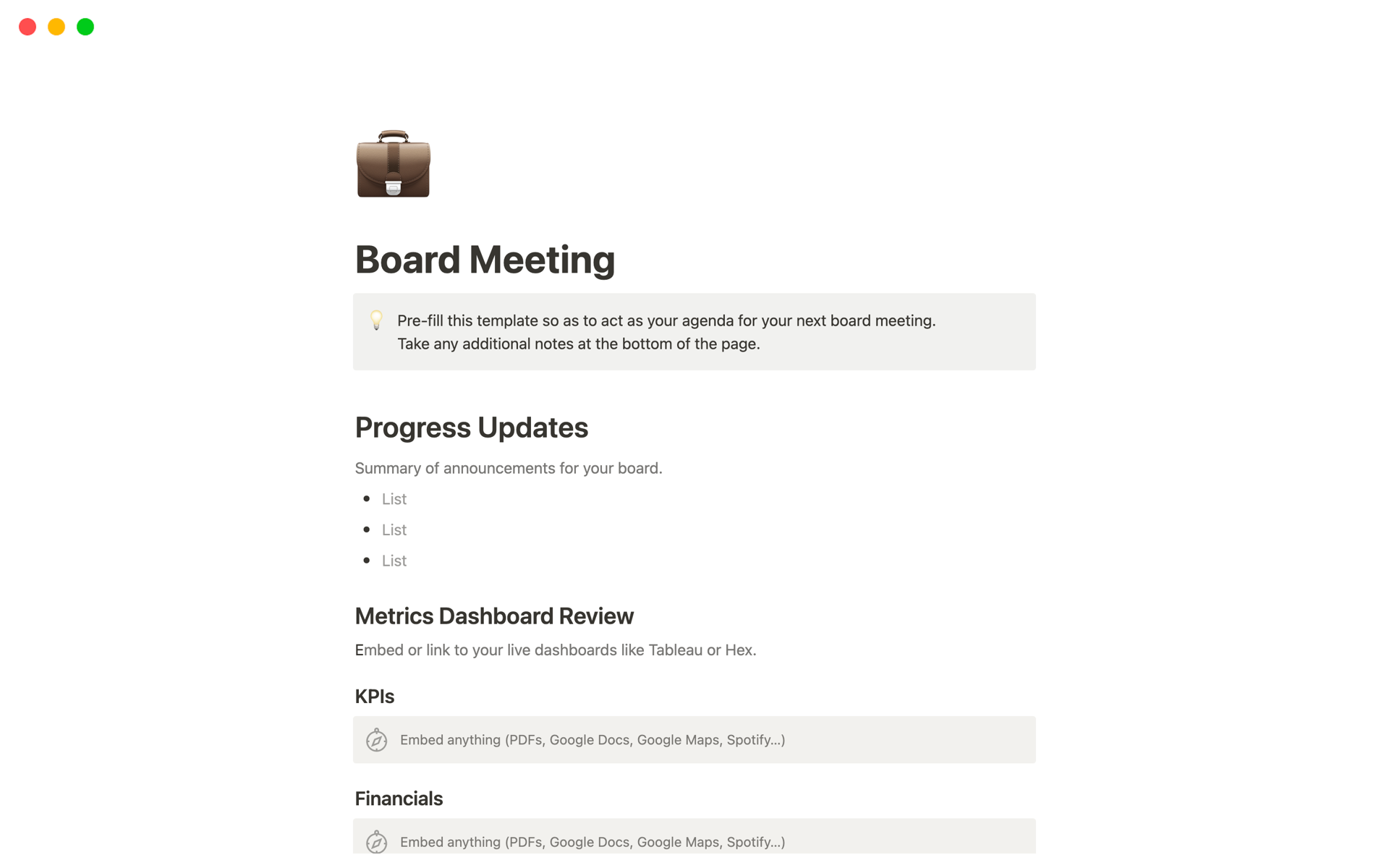 Board Meetingのテンプレートのプレビュー