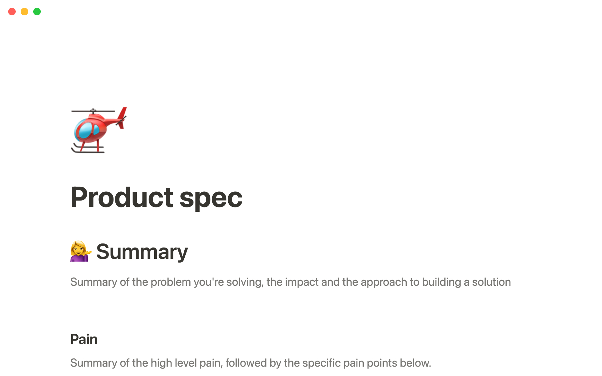 A template preview for Product spec