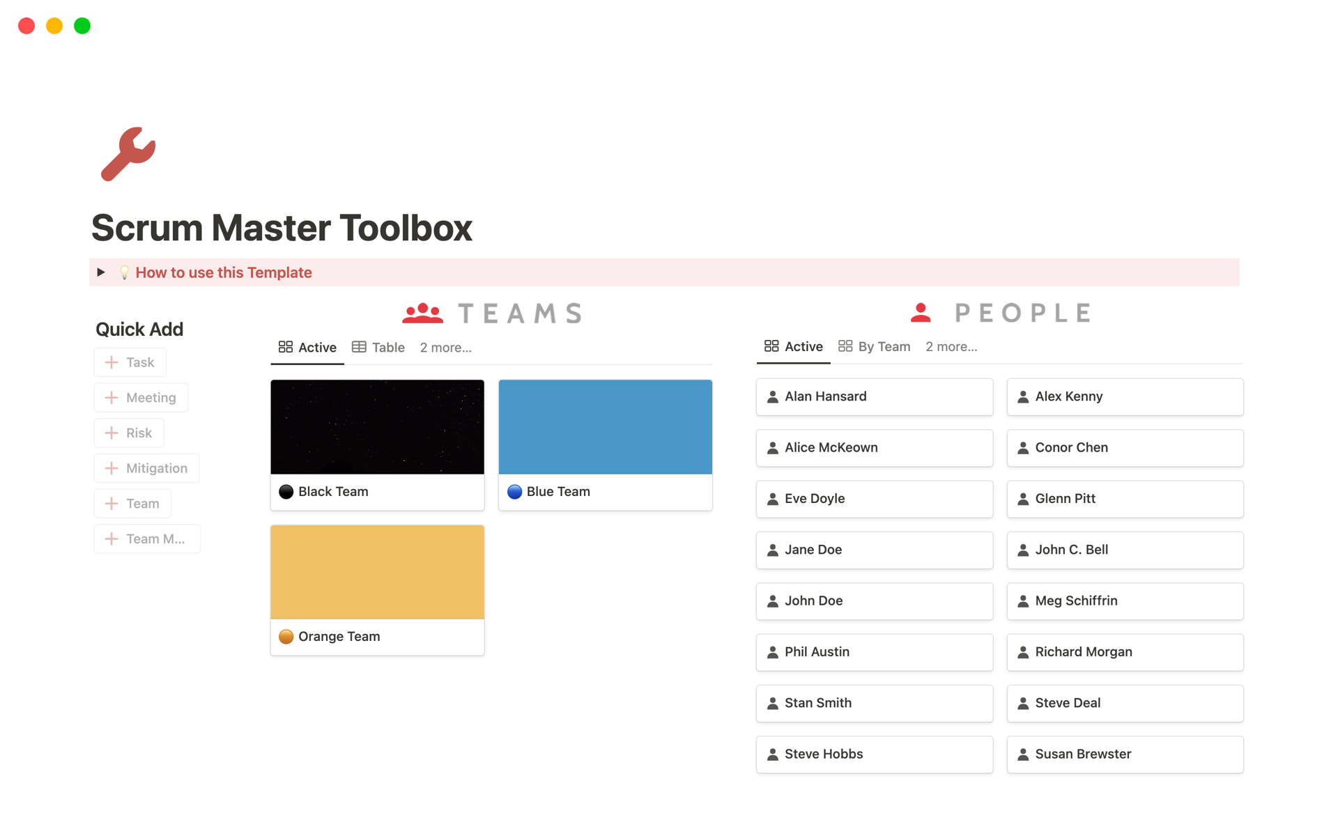 Manage all important information related to your teams and team members in one place.
Comprehensive template for having a complete overview of what your teams and people are working on.