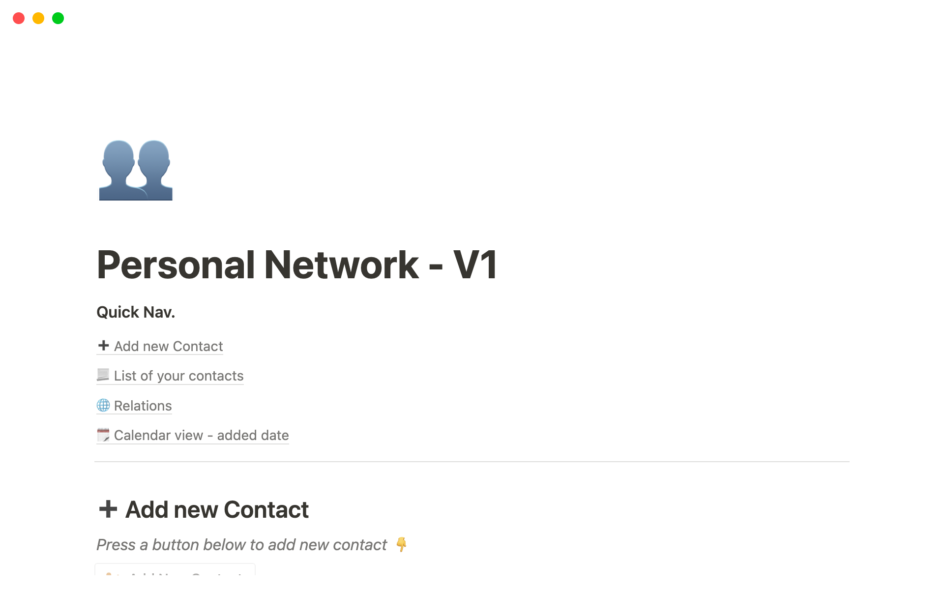 A template preview for Personal Network
