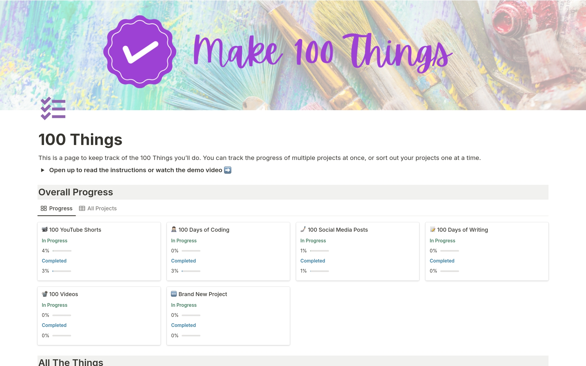 Eine Vorlagenvorschau für Make 100 Things