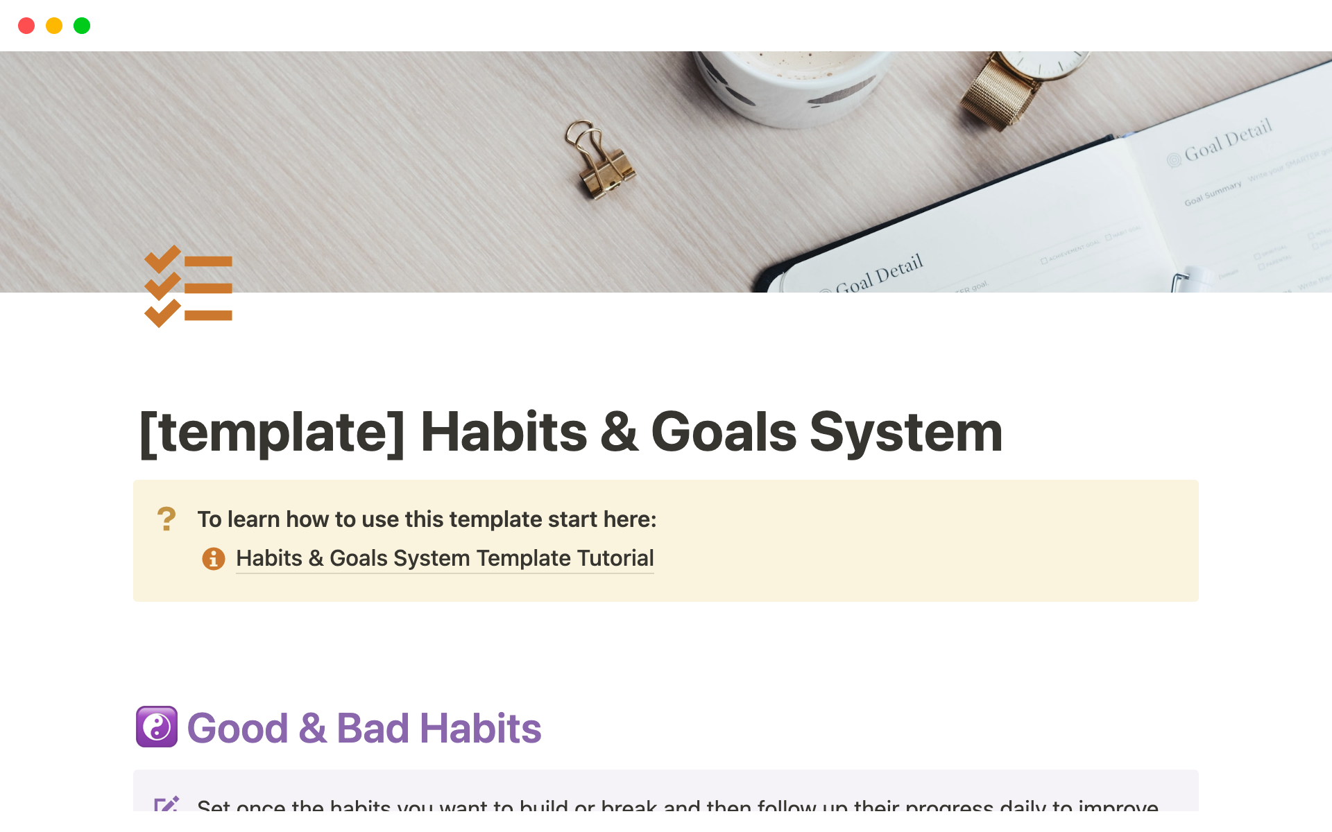 A template preview for Habits & Goals System