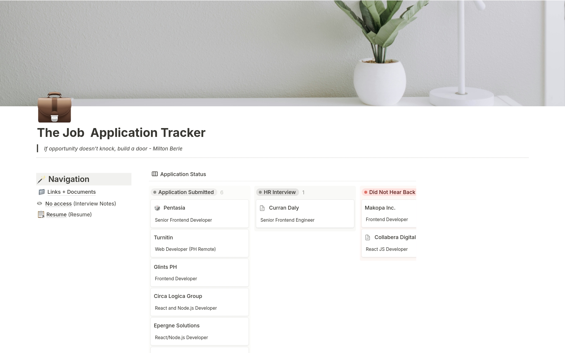 Stay organized and empowered throughout your job search journey with our Job Application Tracker Notion template. Effortlessly manage every aspect of your job applications, from tracking application deadlines and interview schedules to recording feedback and follow-up actions.