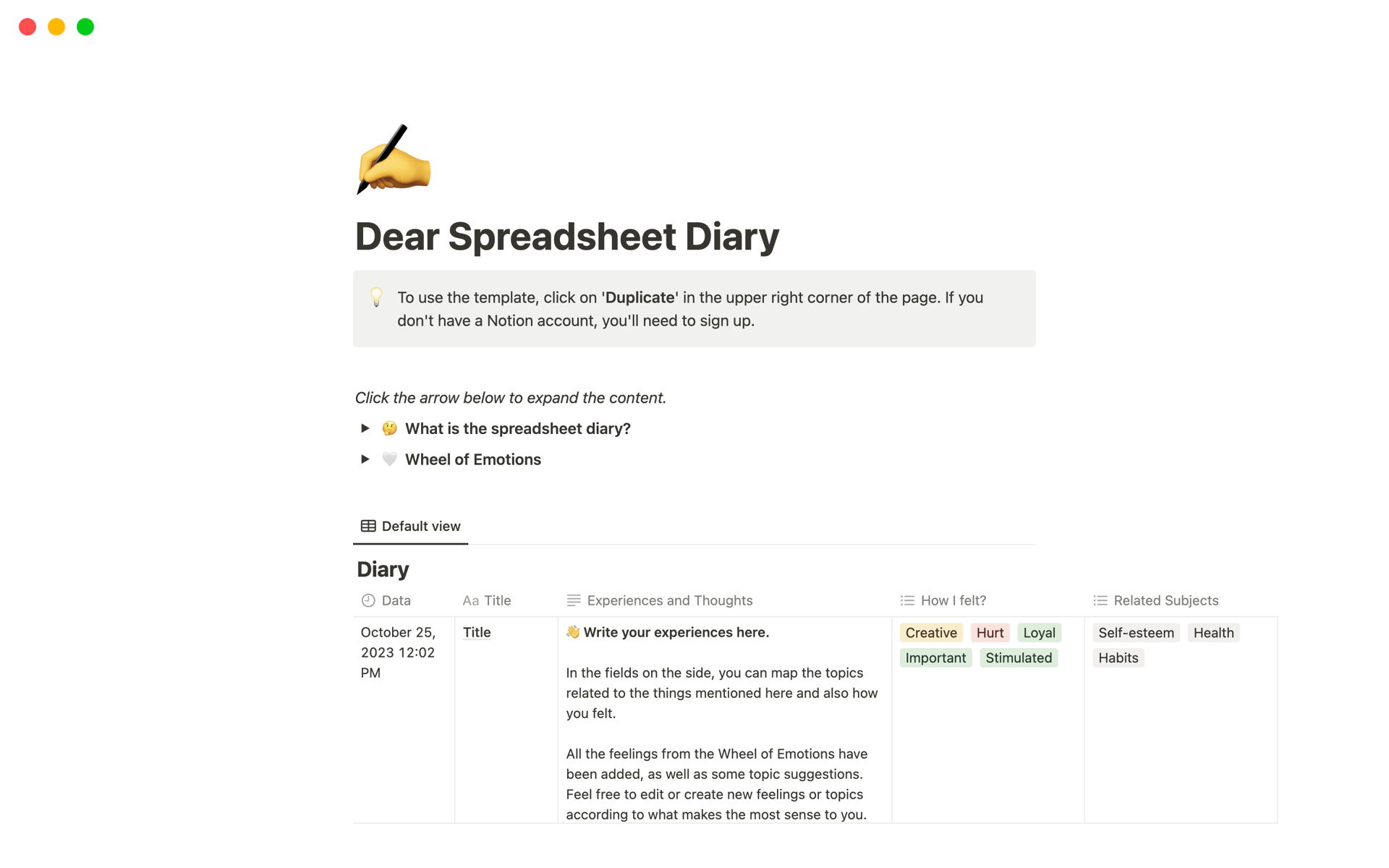 A template preview for Dear Spreadsheet Diary