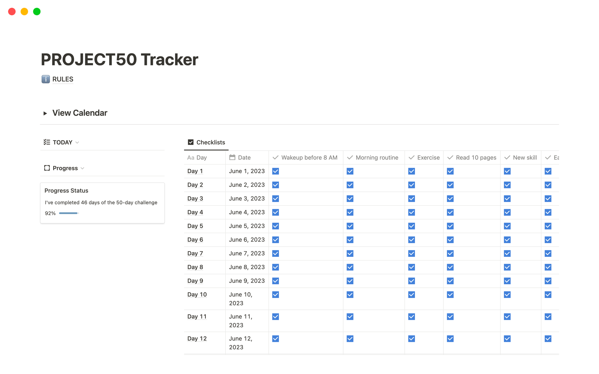 Vista previa de una plantilla para PROJECT50 Tracker
