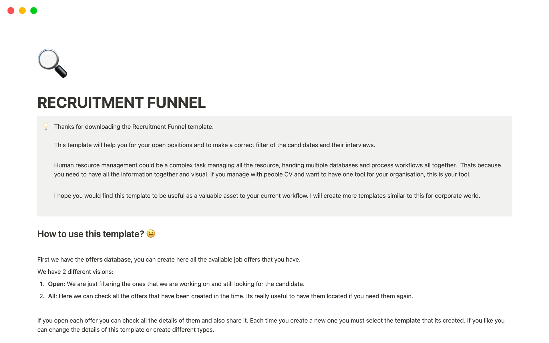 A template preview for RECRUITMENT FUNNEL