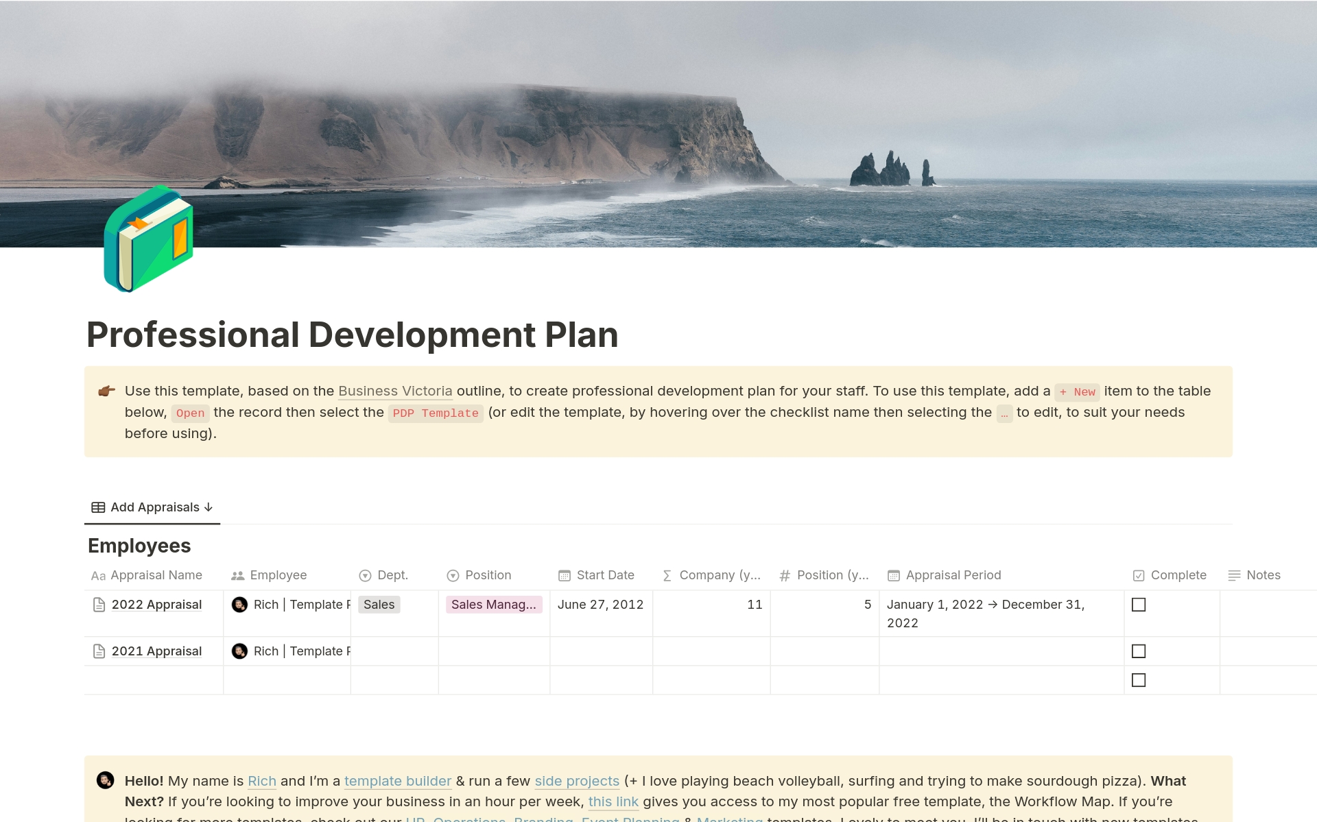 A template preview for Professional Development Plan