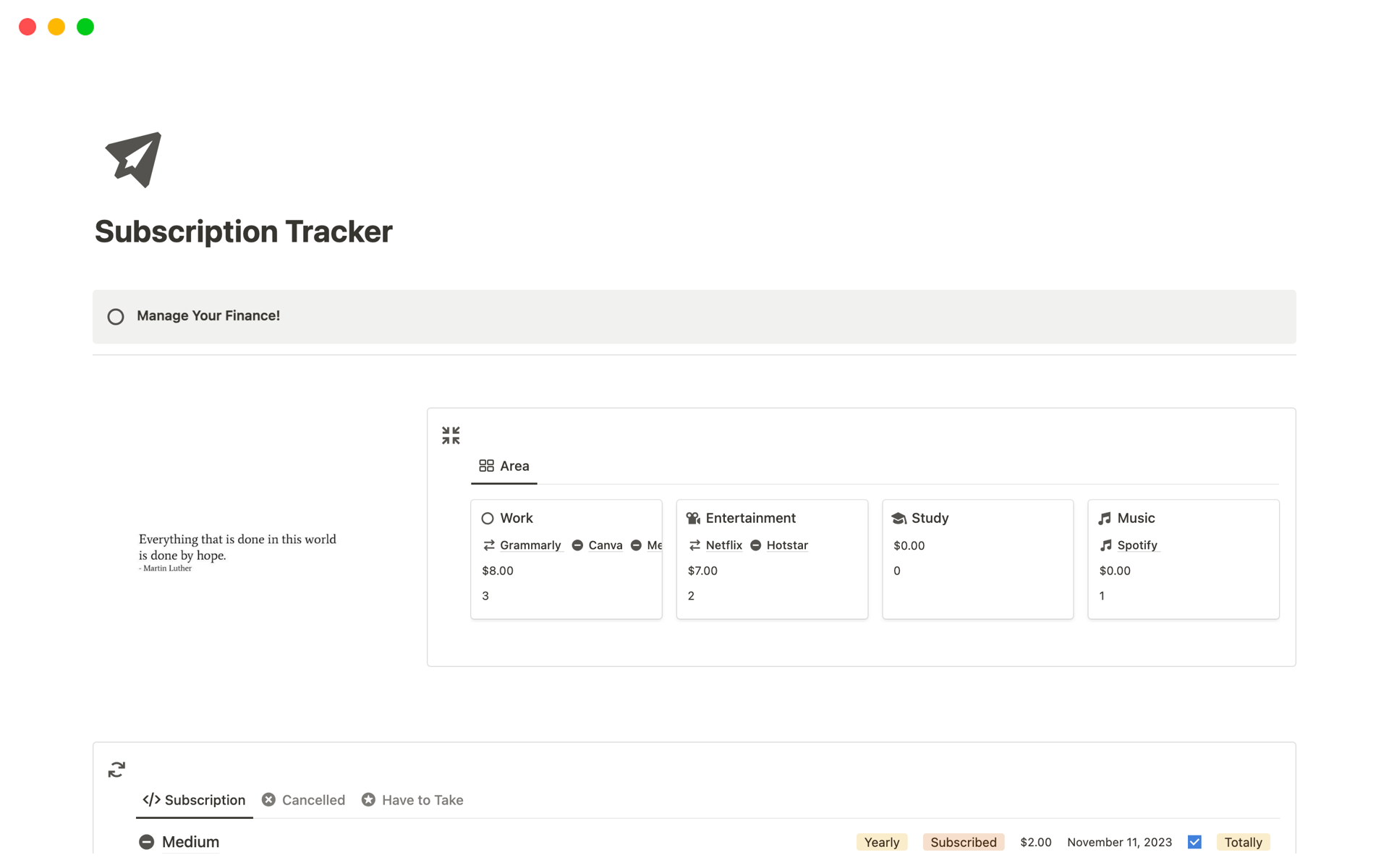 A template preview for Subscription Tracker 