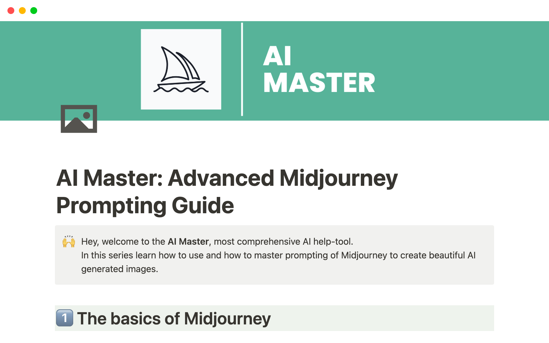 A template preview for AI Master: Advanced Midjourney Prompting Guide