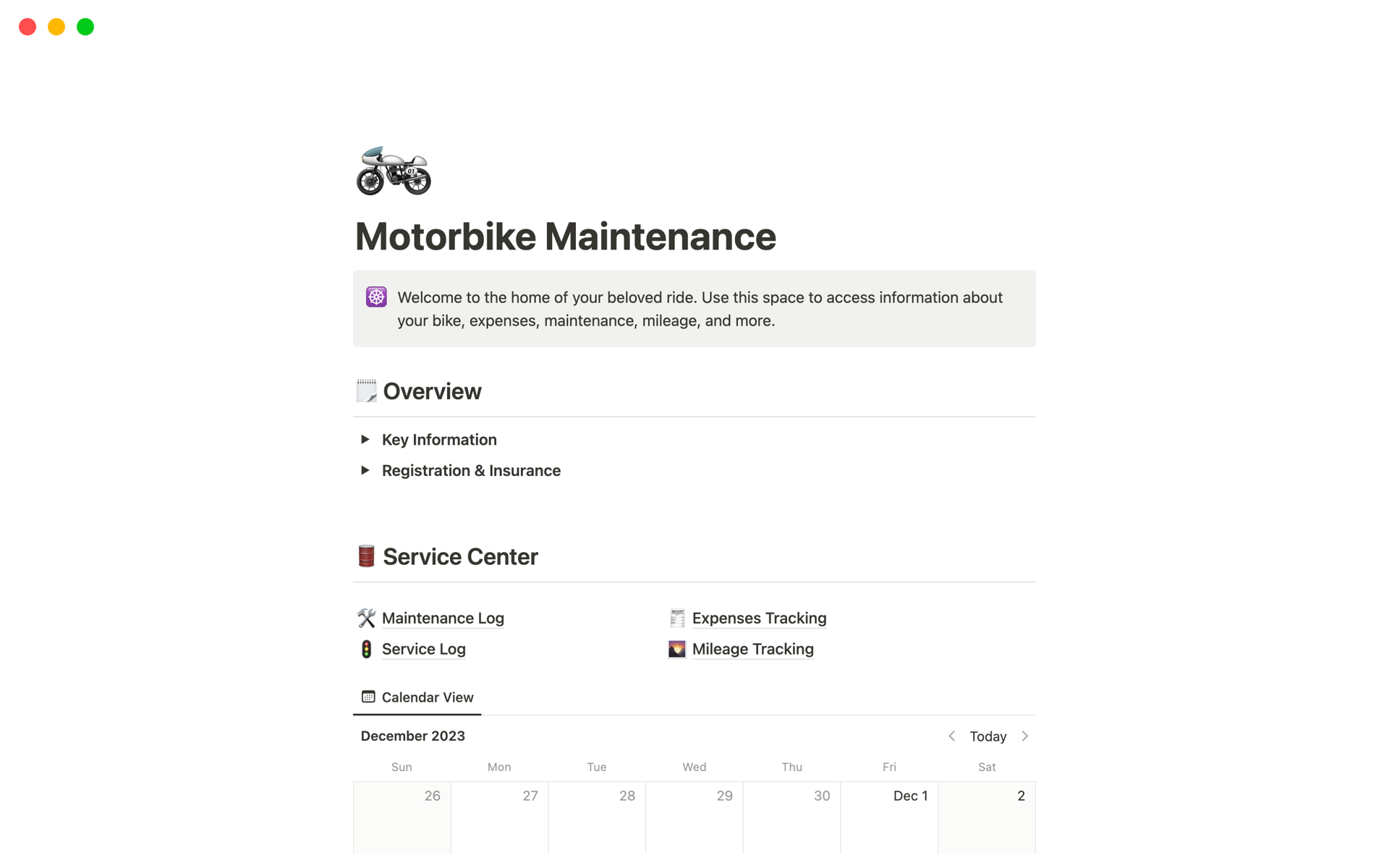 A template preview for Motorbike Maintenance