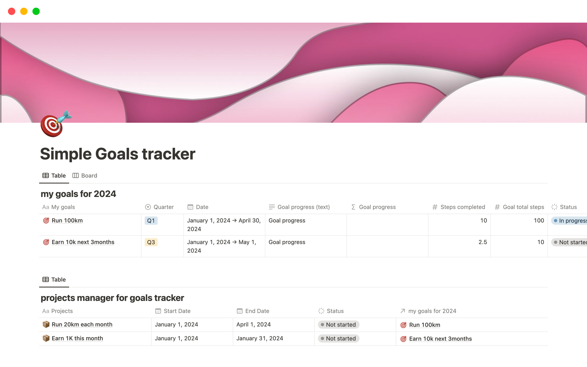Vista previa de plantilla para Simple Goals tracker