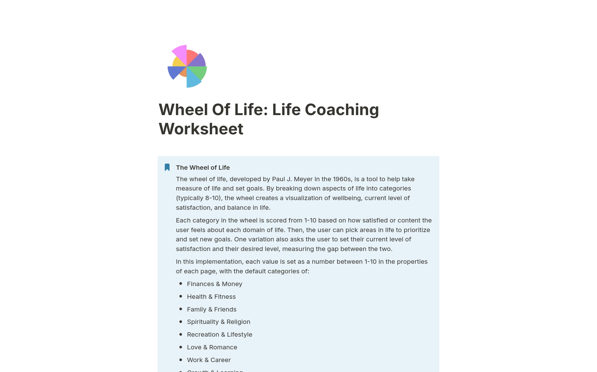 Eine Vorlagenvorschau für Life Coaching Worksheet: Wheel Of Life