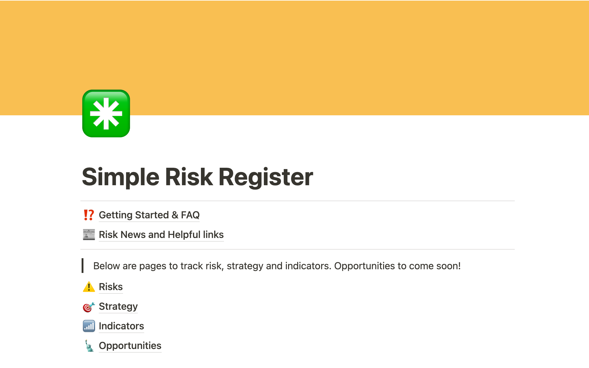 A template preview for Simple Risk Register