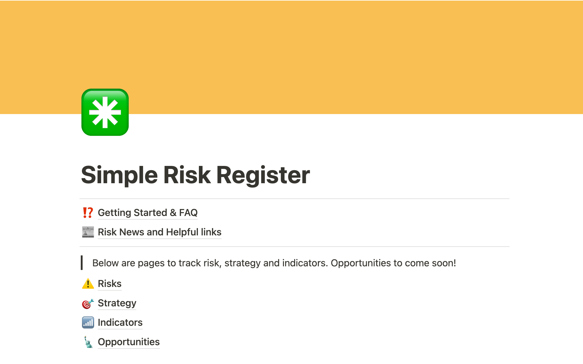 Aperçu du modèle de Simple Risk Register