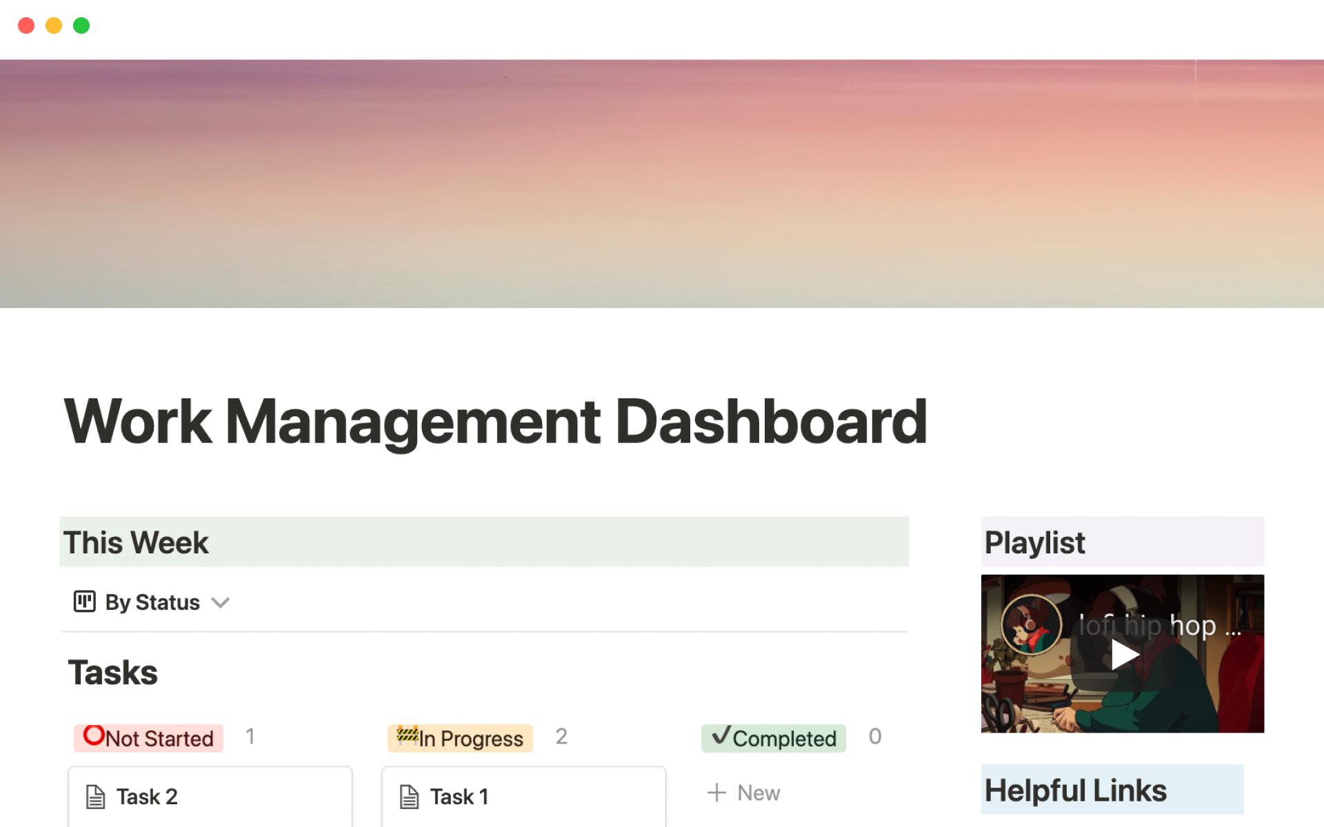 En förhandsgranskning av mallen för Work management dashboard