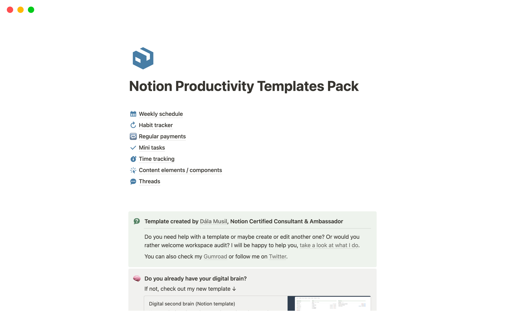 A template preview for Productivity Templates Pack