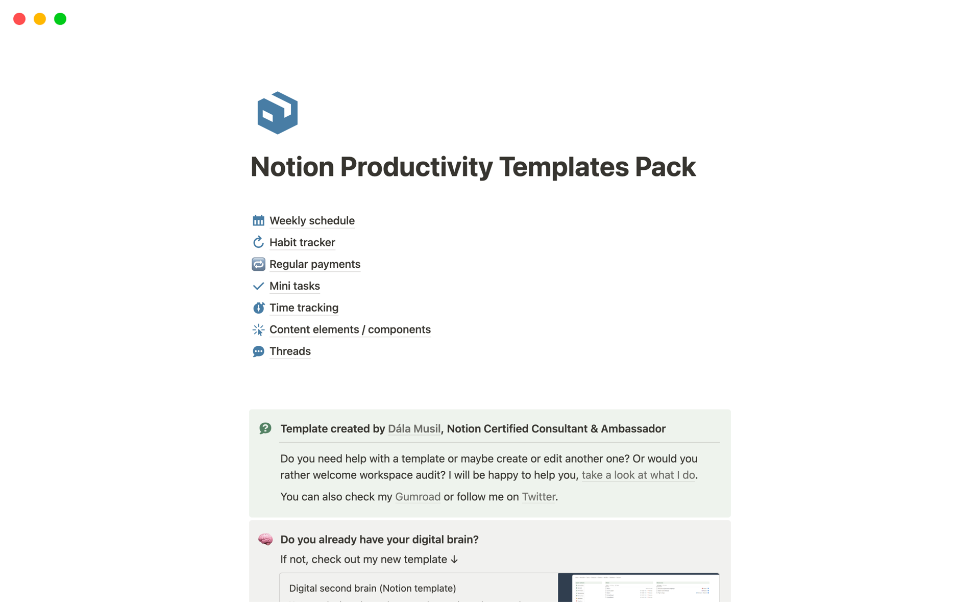 Uma prévia do modelo para Productivity Templates Pack