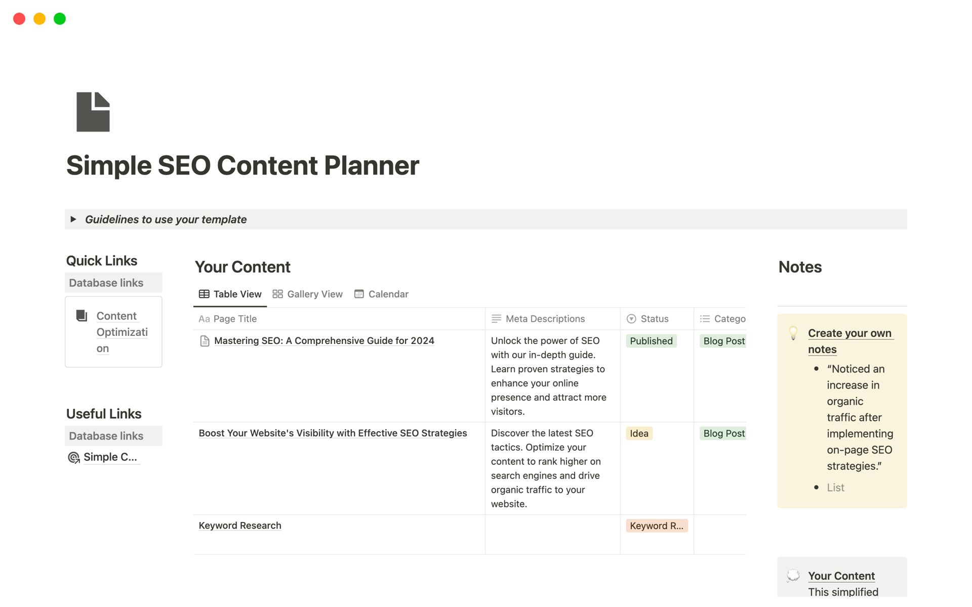 Vista previa de una plantilla para Simple SEO Content Planner