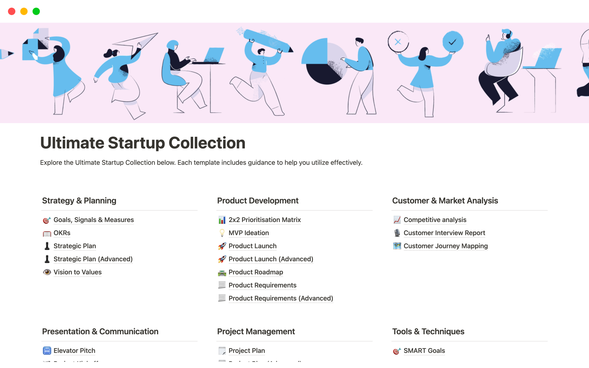 An all-encompassing collection of 32 essential Notion templates tailored specifically for startups and entrepreneurs.