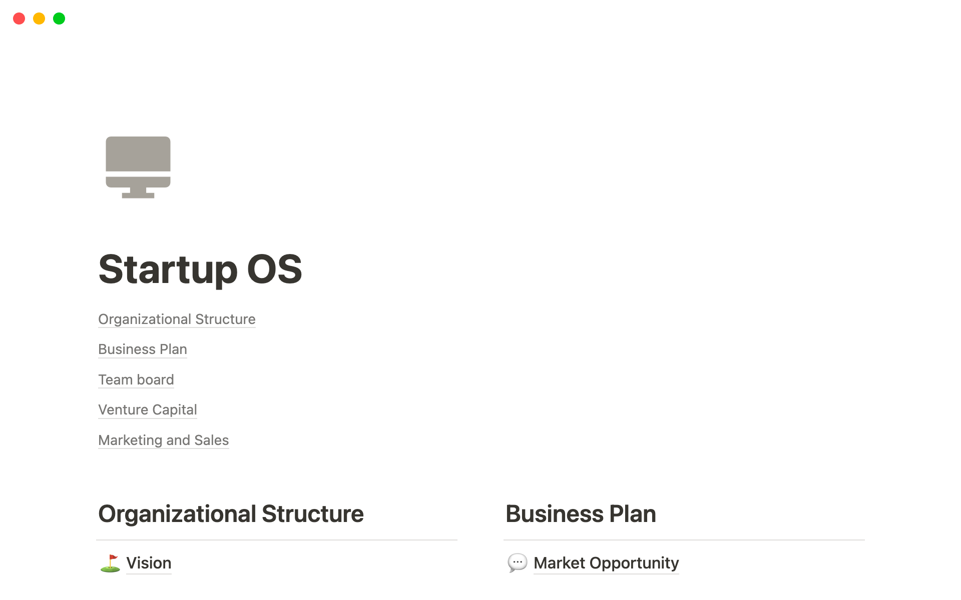 A template preview for Startup OS