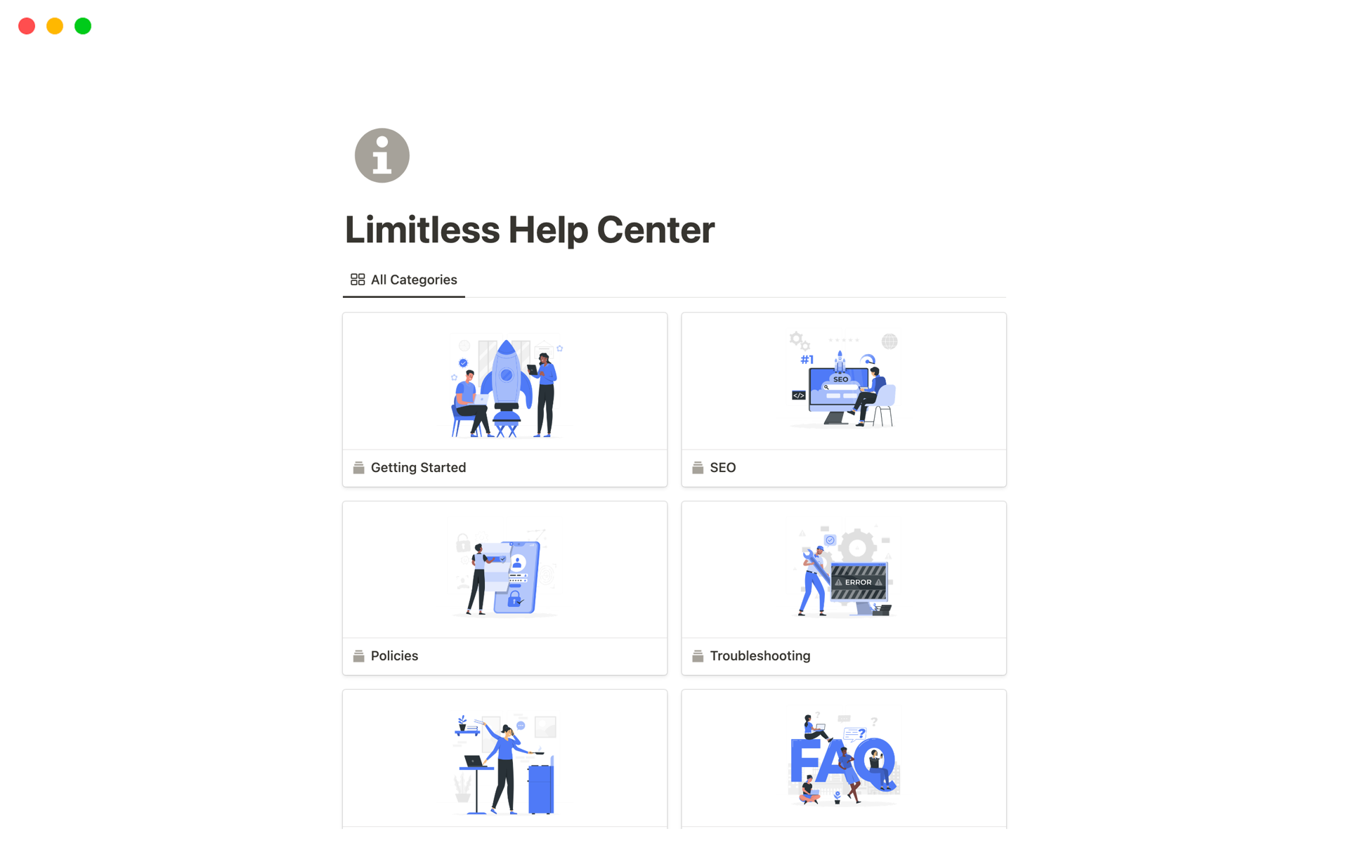 A template preview for Limitless Help Center