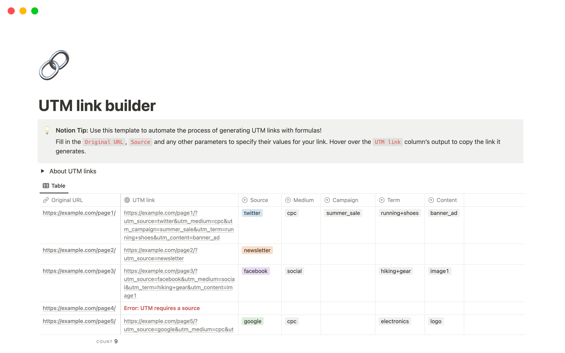 UTM link builder 2024 Notion Template