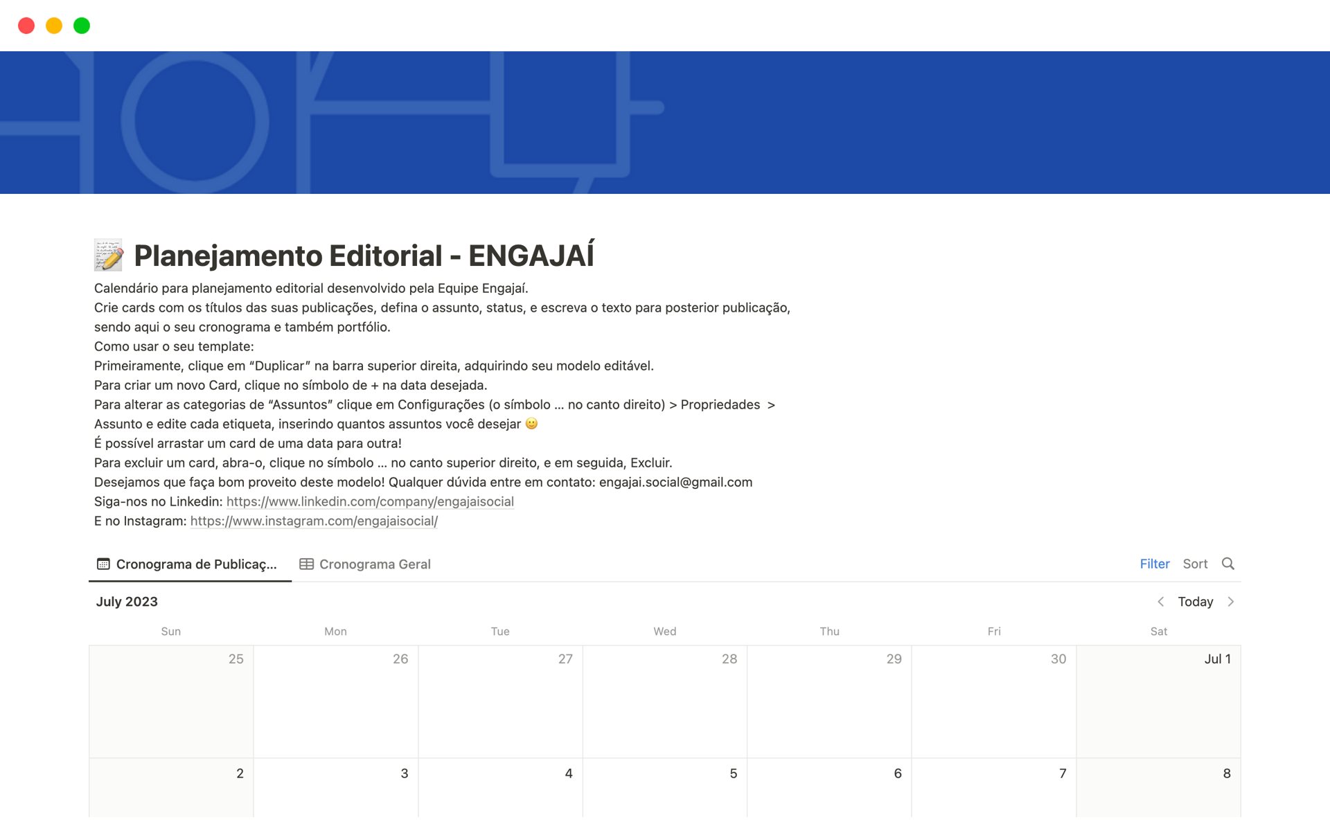 Calendário para planejamento editorial desenvolvido pela Equipe Engajaí.