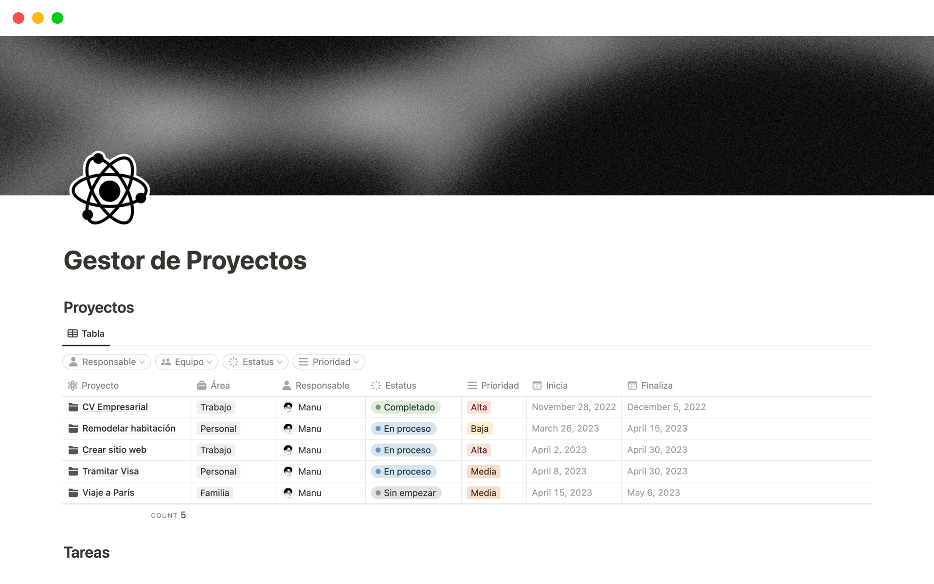 A template preview for Gestor de Proyectos