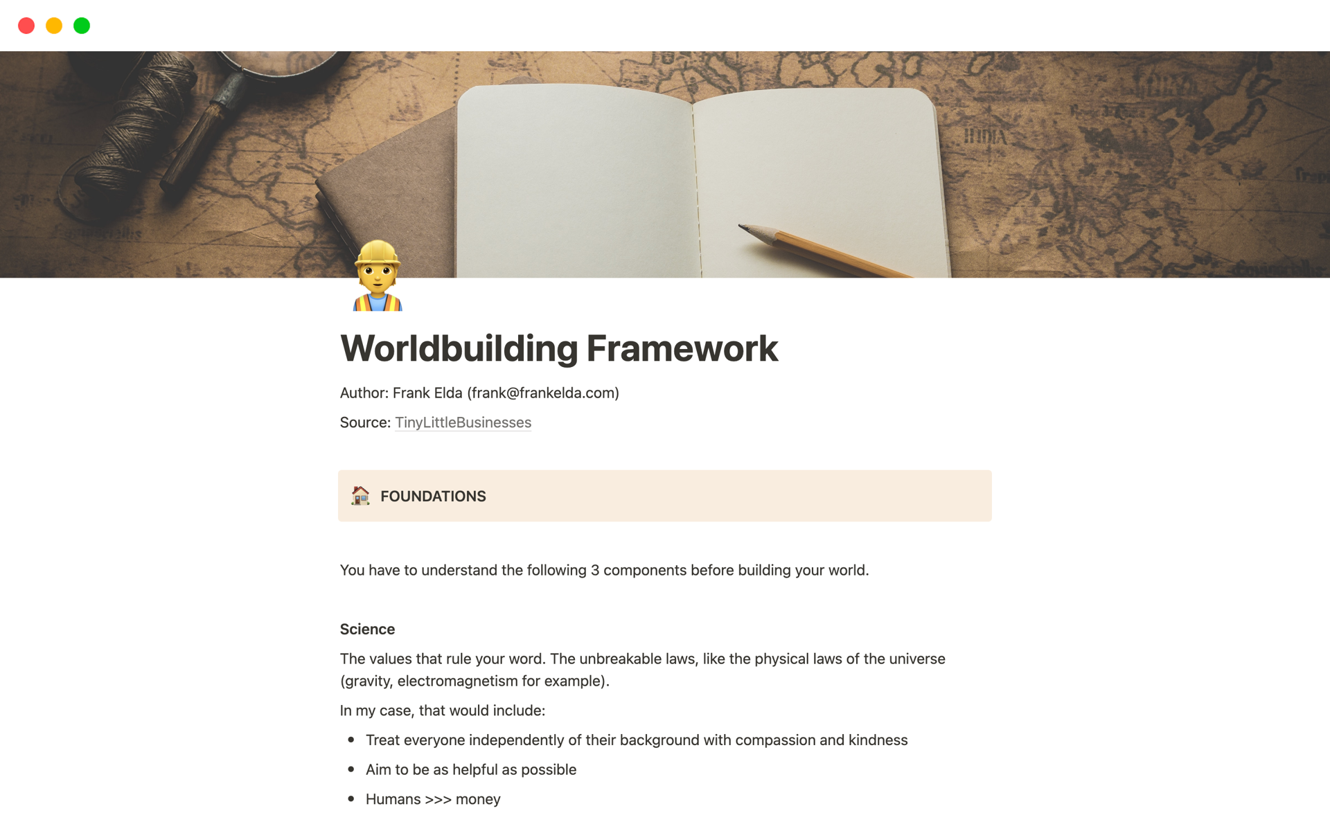 A template preview for Worldbuilding Framework