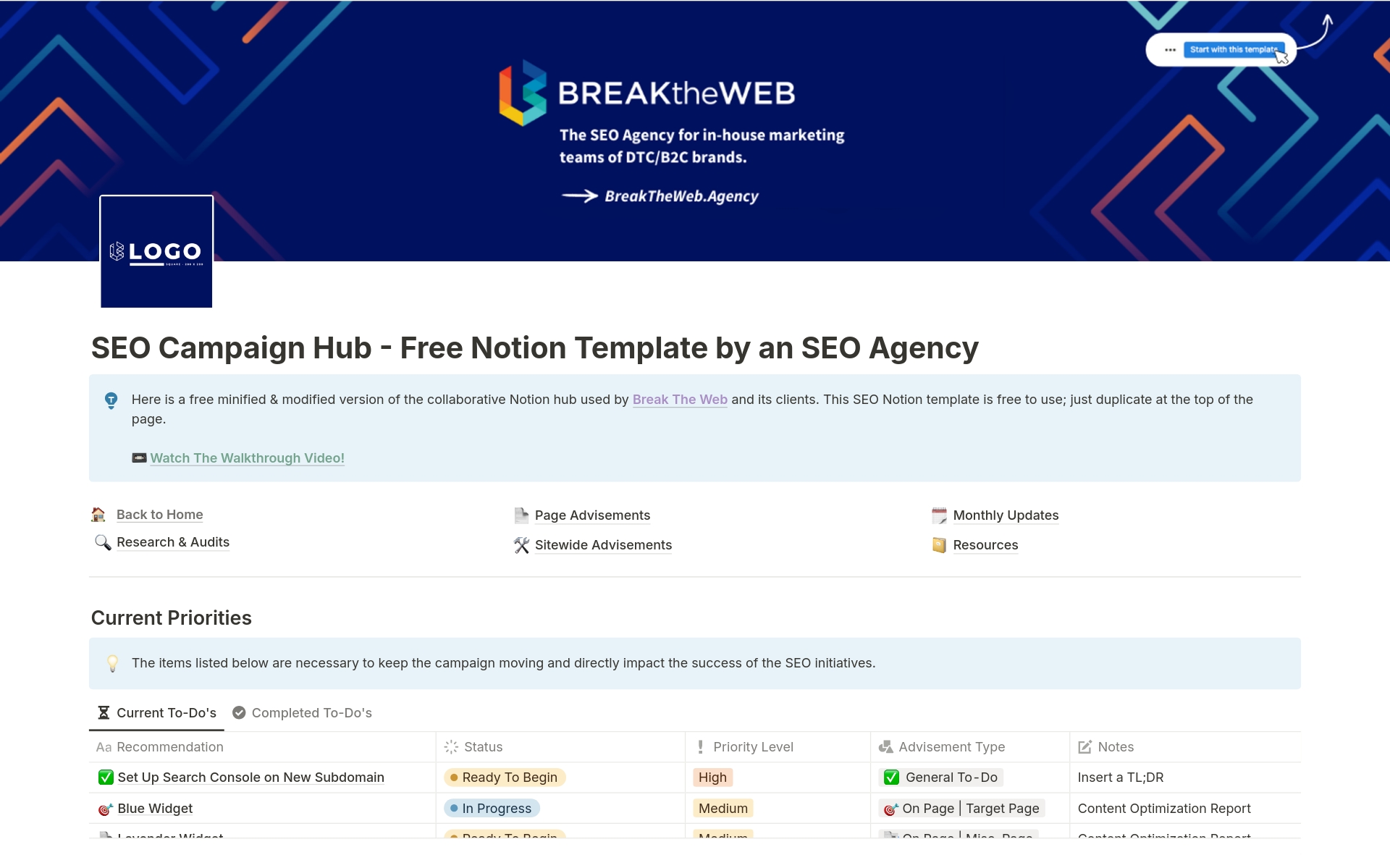 The free SEO Campaign Hub Notion Template is a modified version of the Notion Hub used by the Break The Web team.

Built via a single database with 5 scenario templates, this template will help Marketing & SEO teams stay organized and on top of all SEO initiatives.