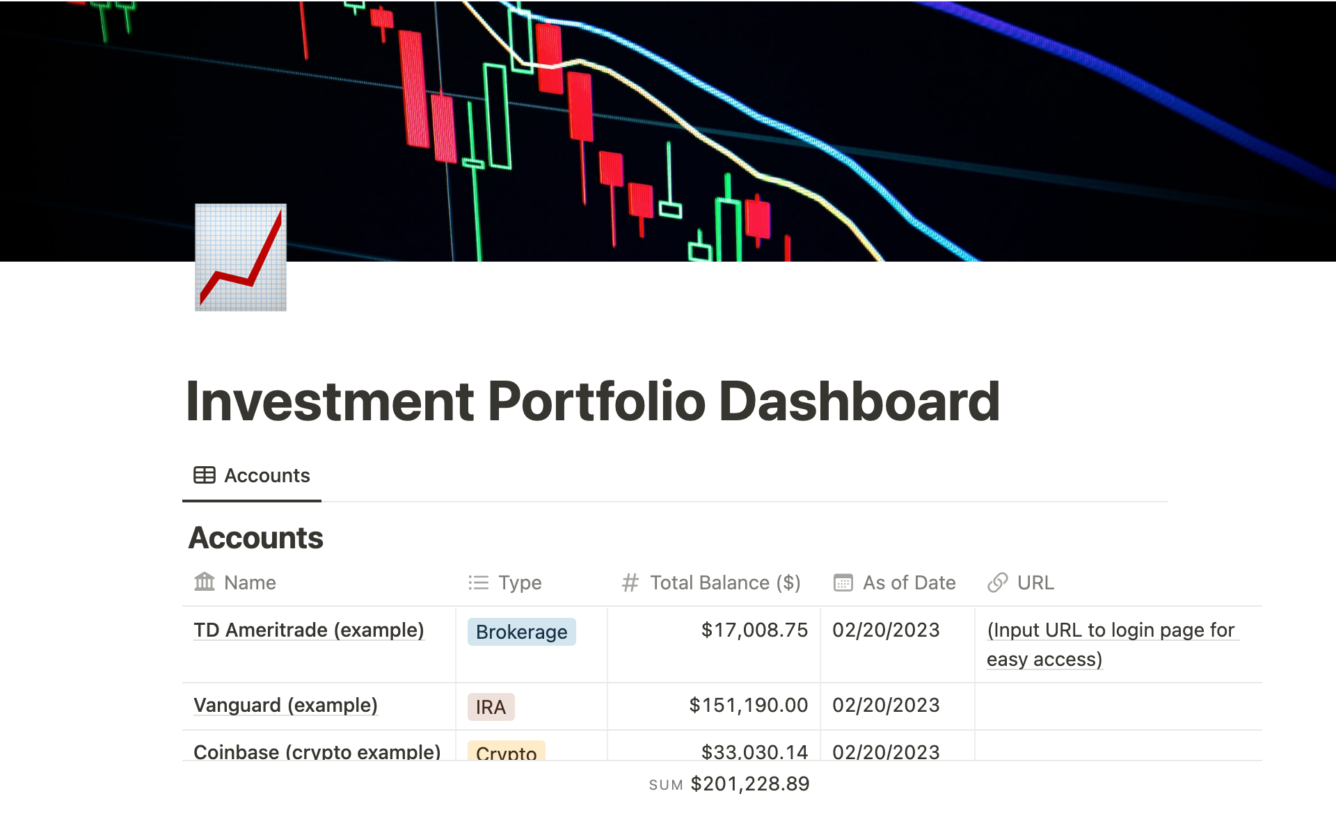 A template preview for Investment Portfolio Dashboard