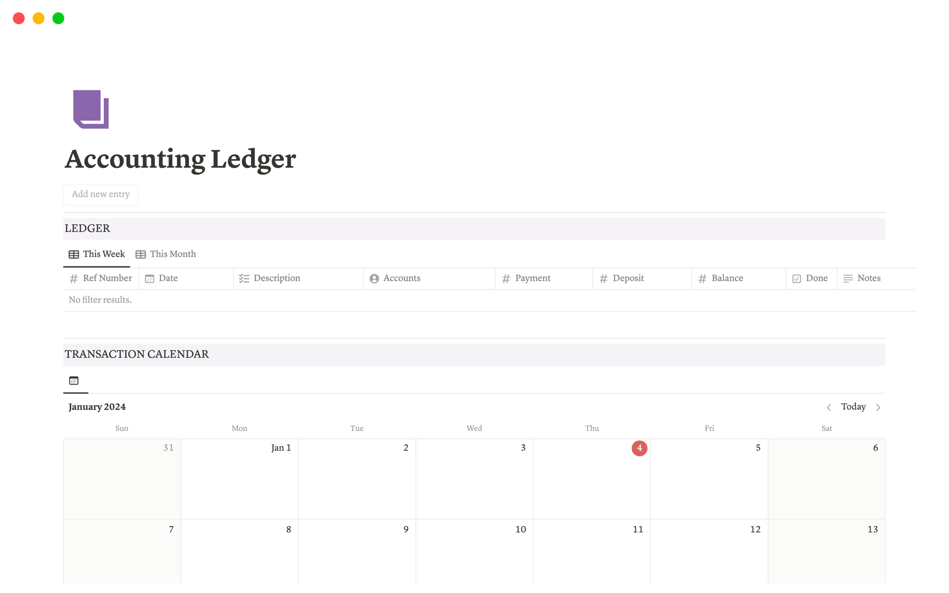 Vista previa de una plantilla para Accounting Ledger