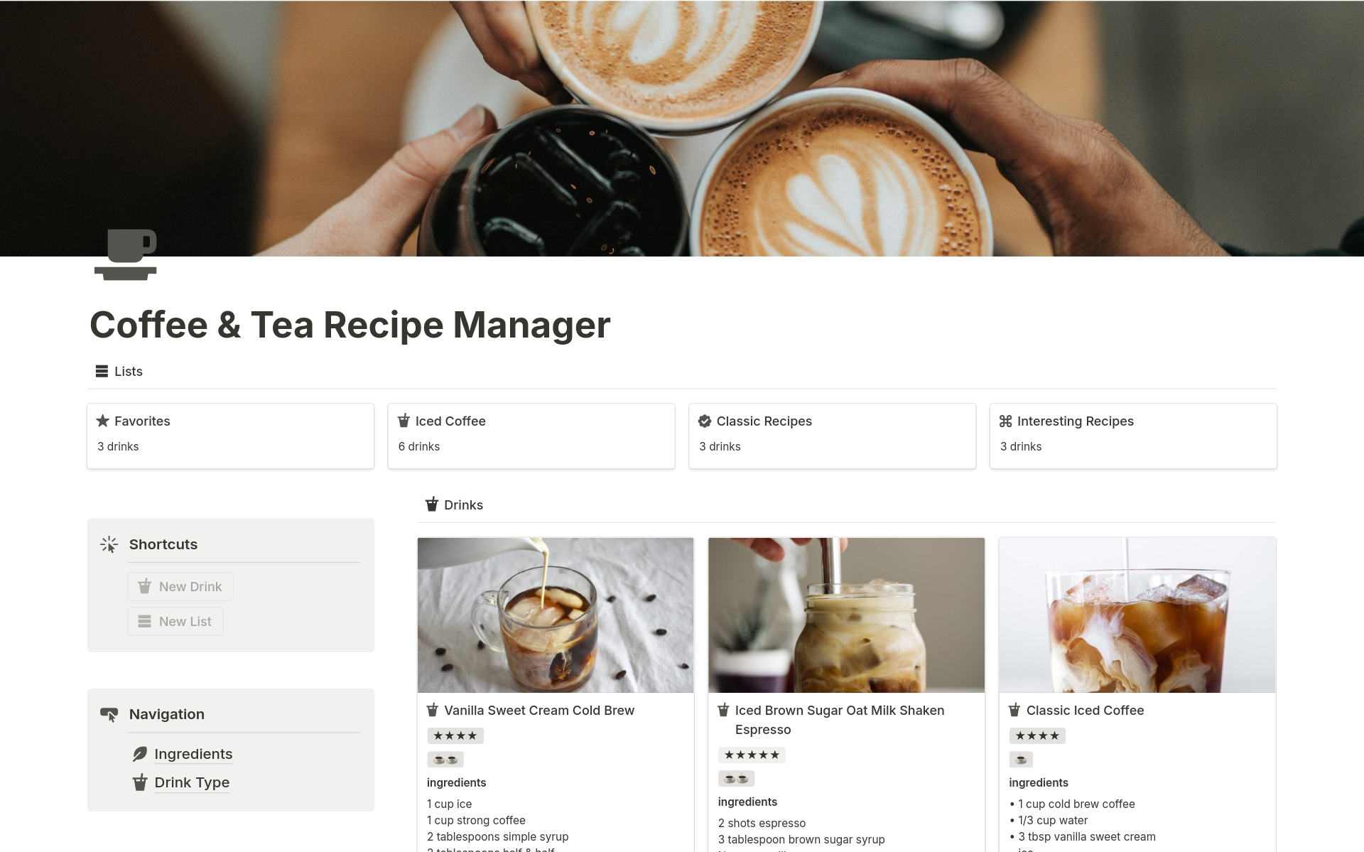 En forhåndsvisning av mal for Coffee & Tea Recipe Manager