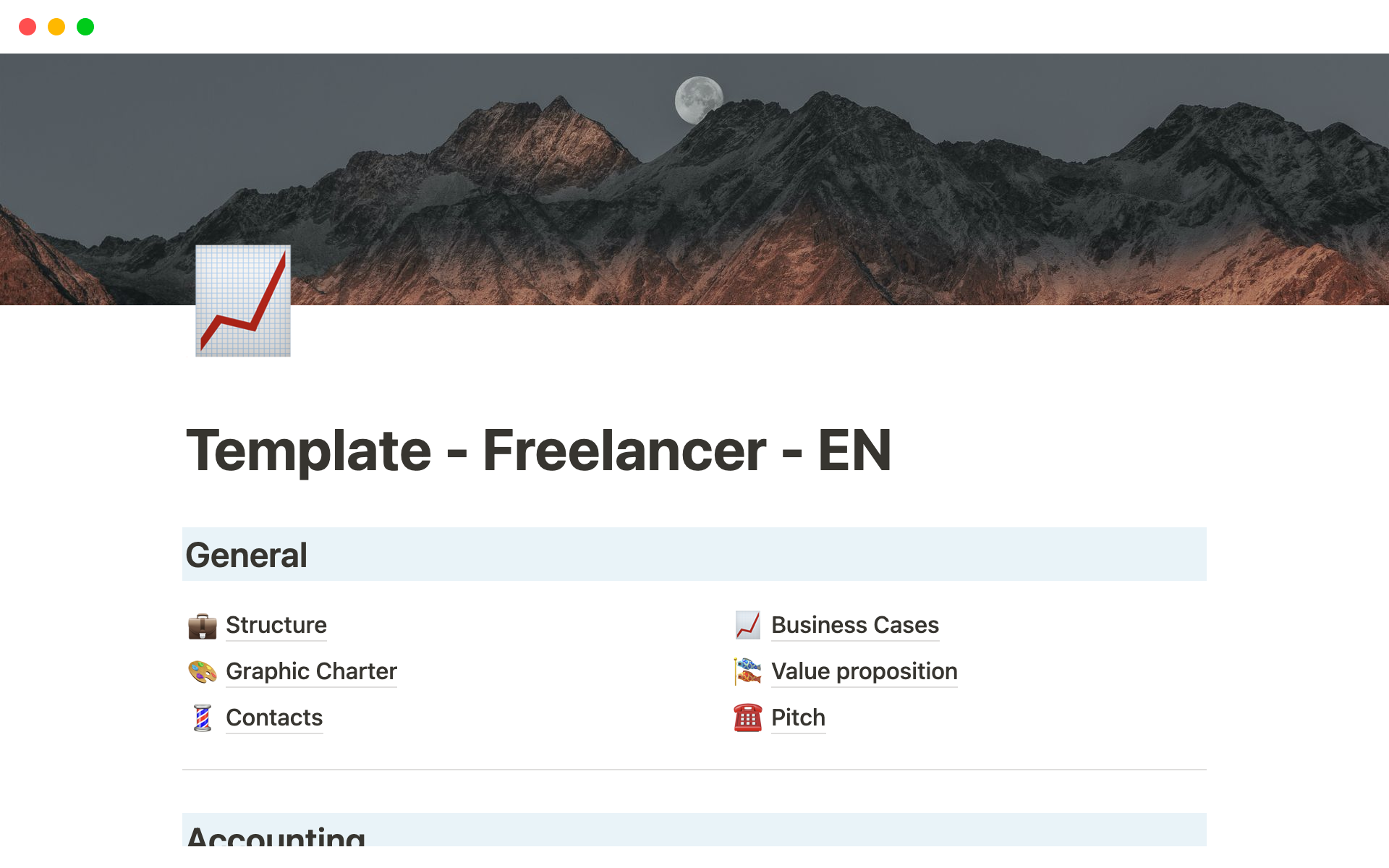 En forhåndsvisning av mal for Notion workspace for freelancers