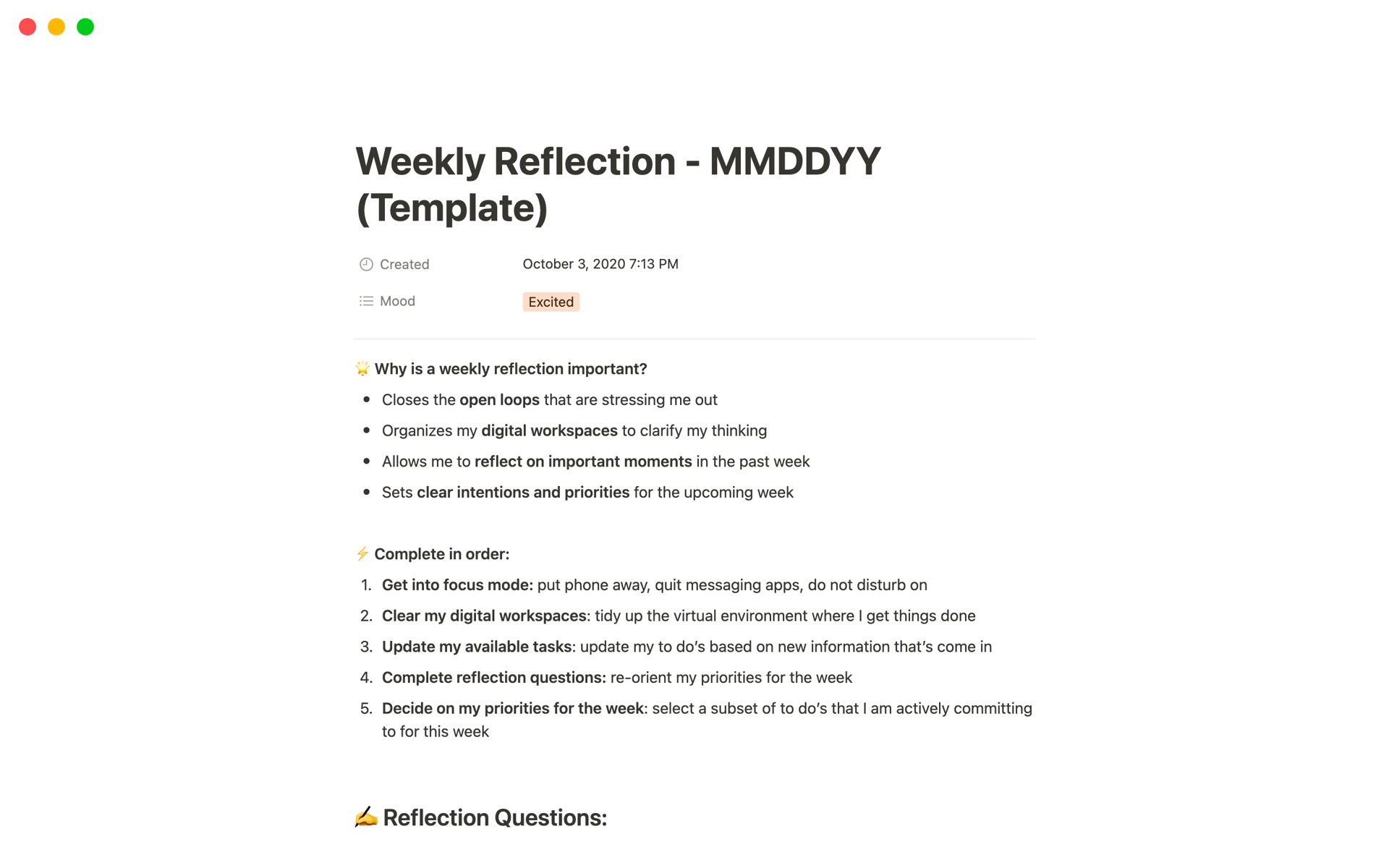 A template preview for Weekly Reflection