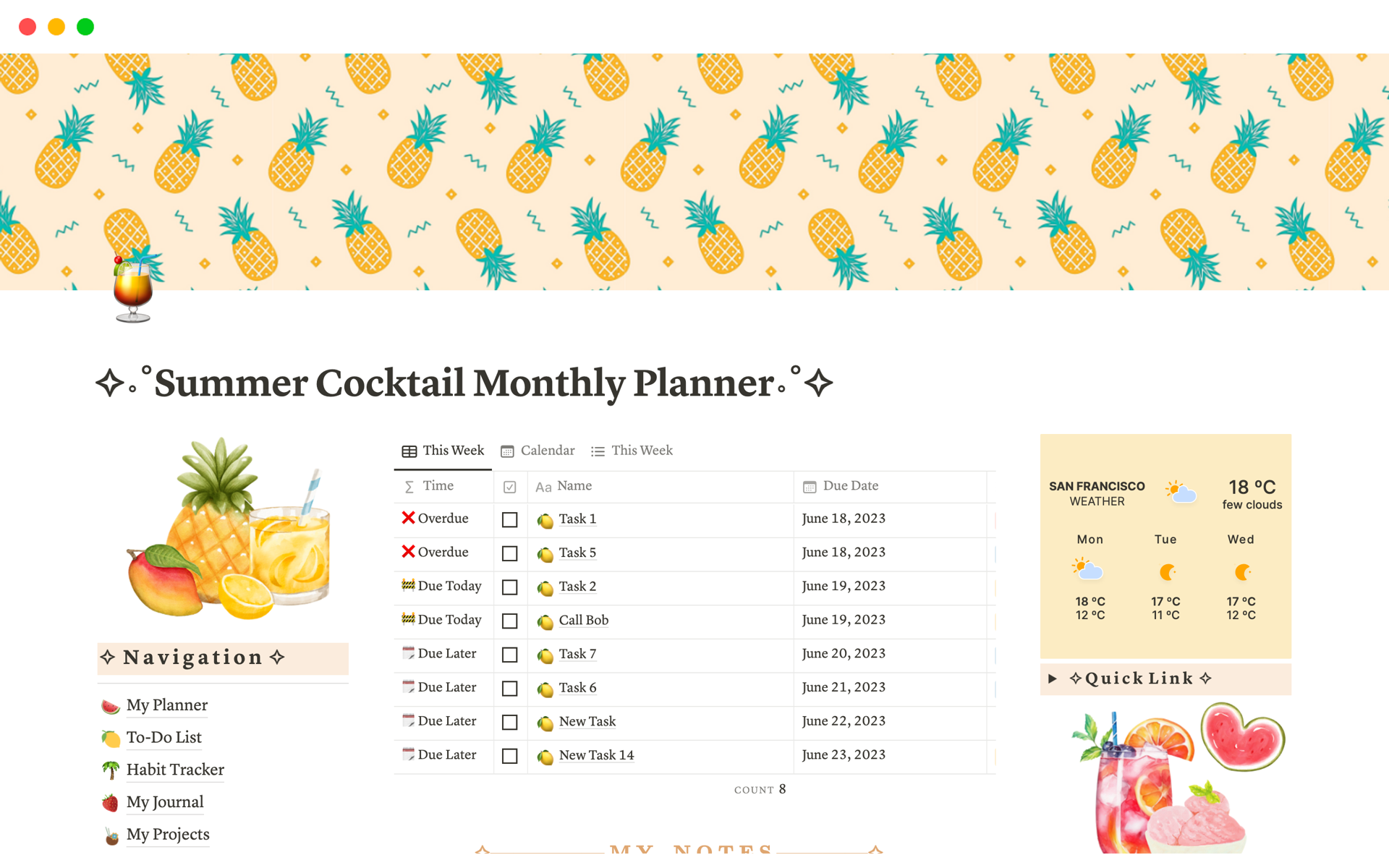 Summer Cocktail Monthly Plannerのテンプレートのプレビュー