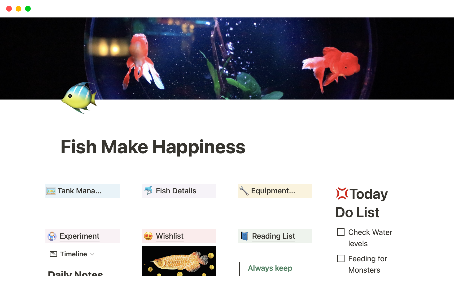 Aquarium (Fish Tank) Management Notion Template